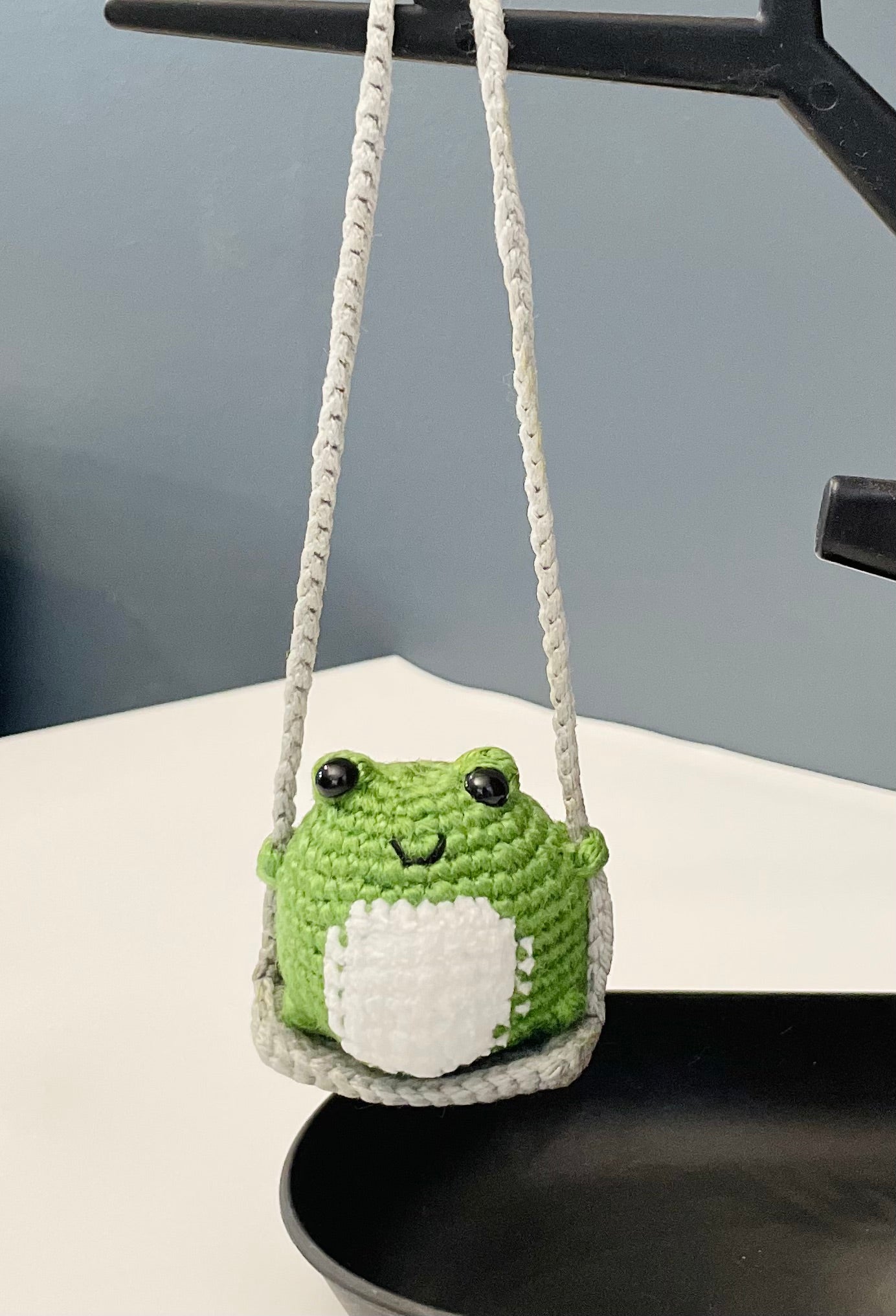 Crochet Frog on a Swing Car Charm – Handmade Rearview Mirror Hanging Ornament – Frog Car Accessory