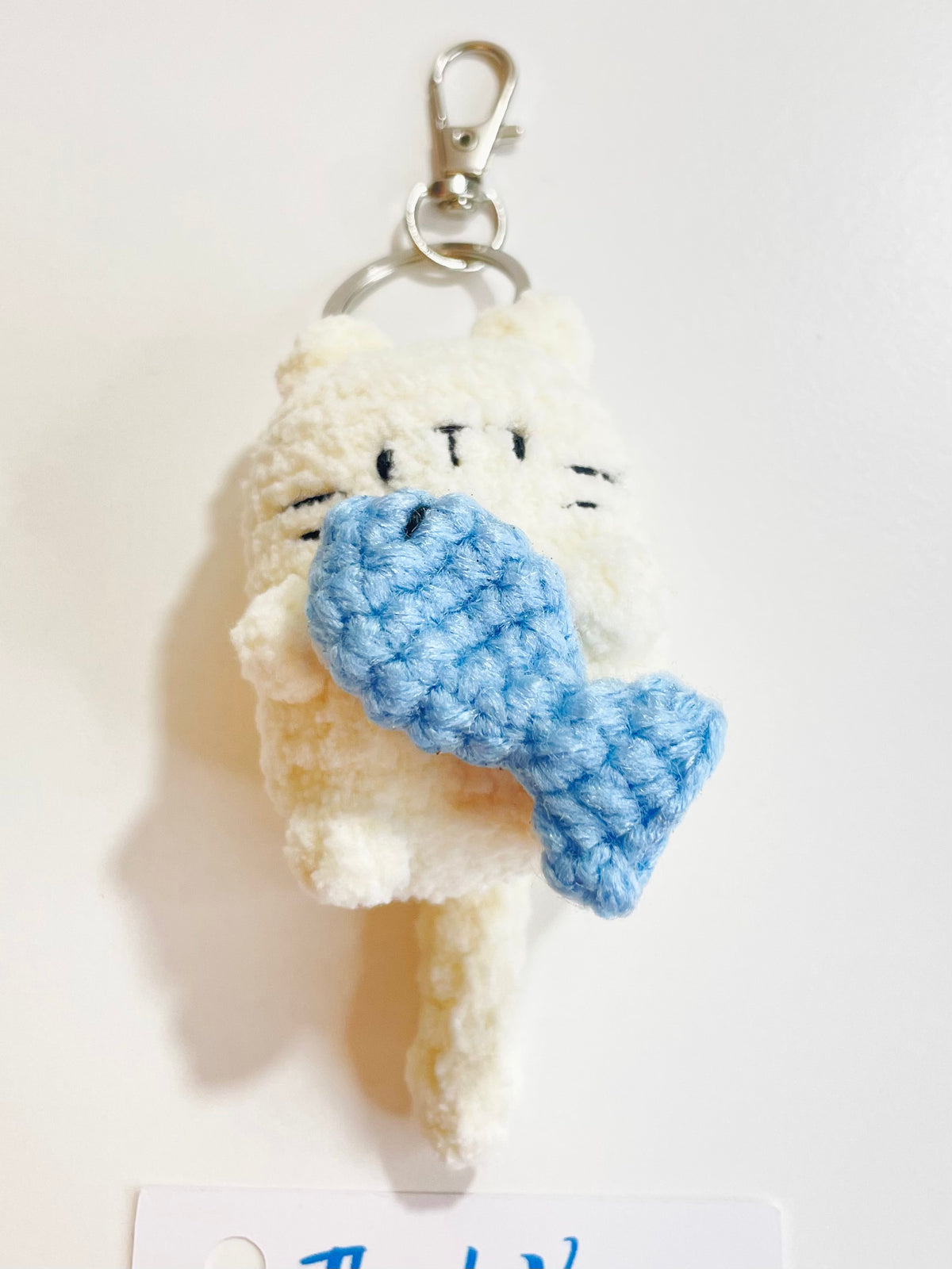Crochet Cat Keychain Holding Fish, Handmade Sleepy Kitten Bag Charm, Amigurumi Pet Lover