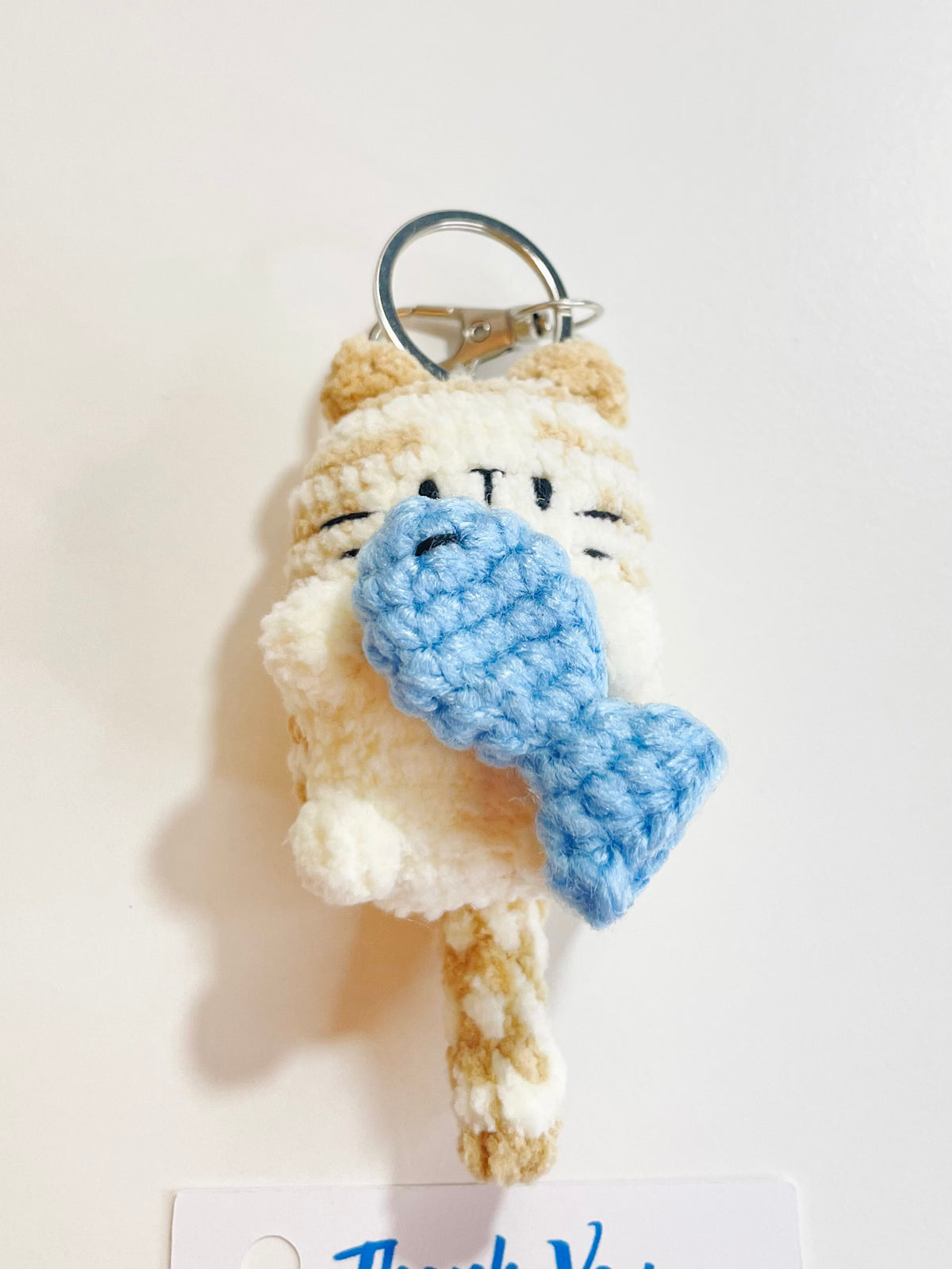 Crochet Cat Keychain Holding Fish, Handmade Sleepy Kitten Bag Charm, Amigurumi Pet Lover