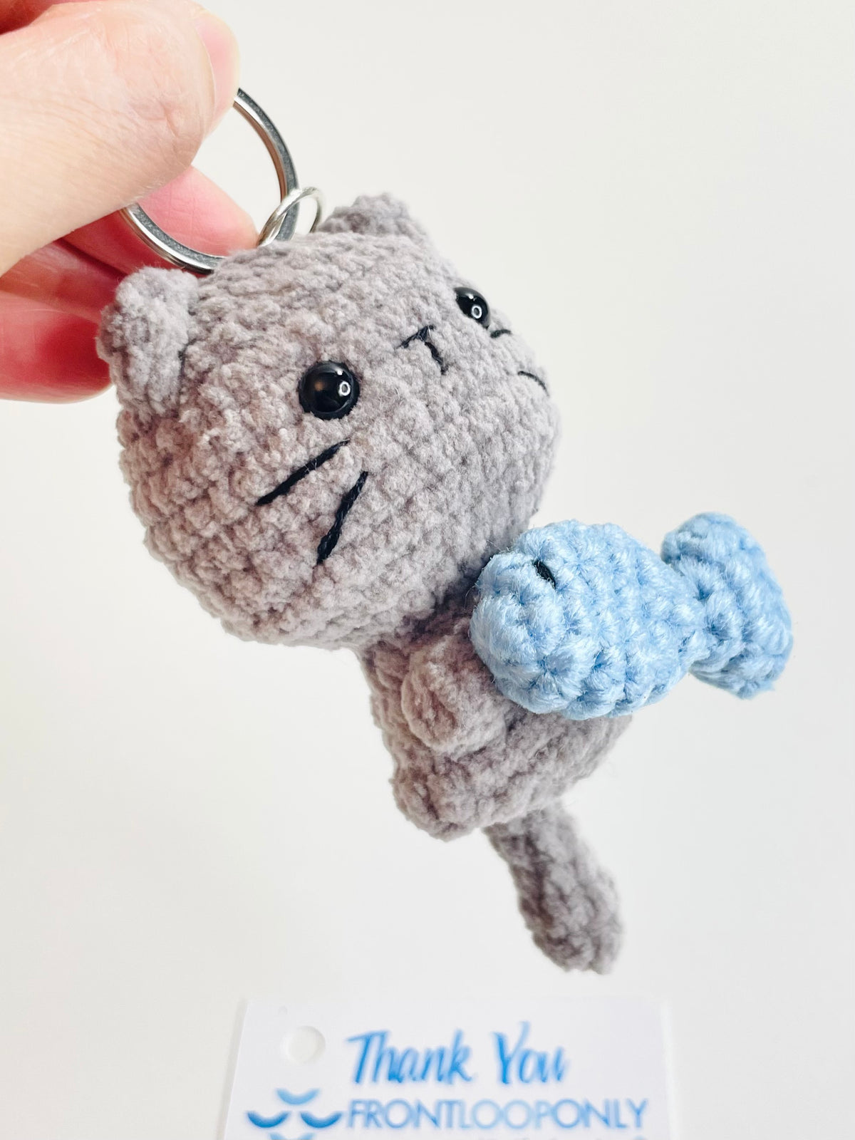 Crochet Cat Keychain with Fish, Handmade Amigurumi Bag Charm, Kitten Lover, Pet Owner Accessory