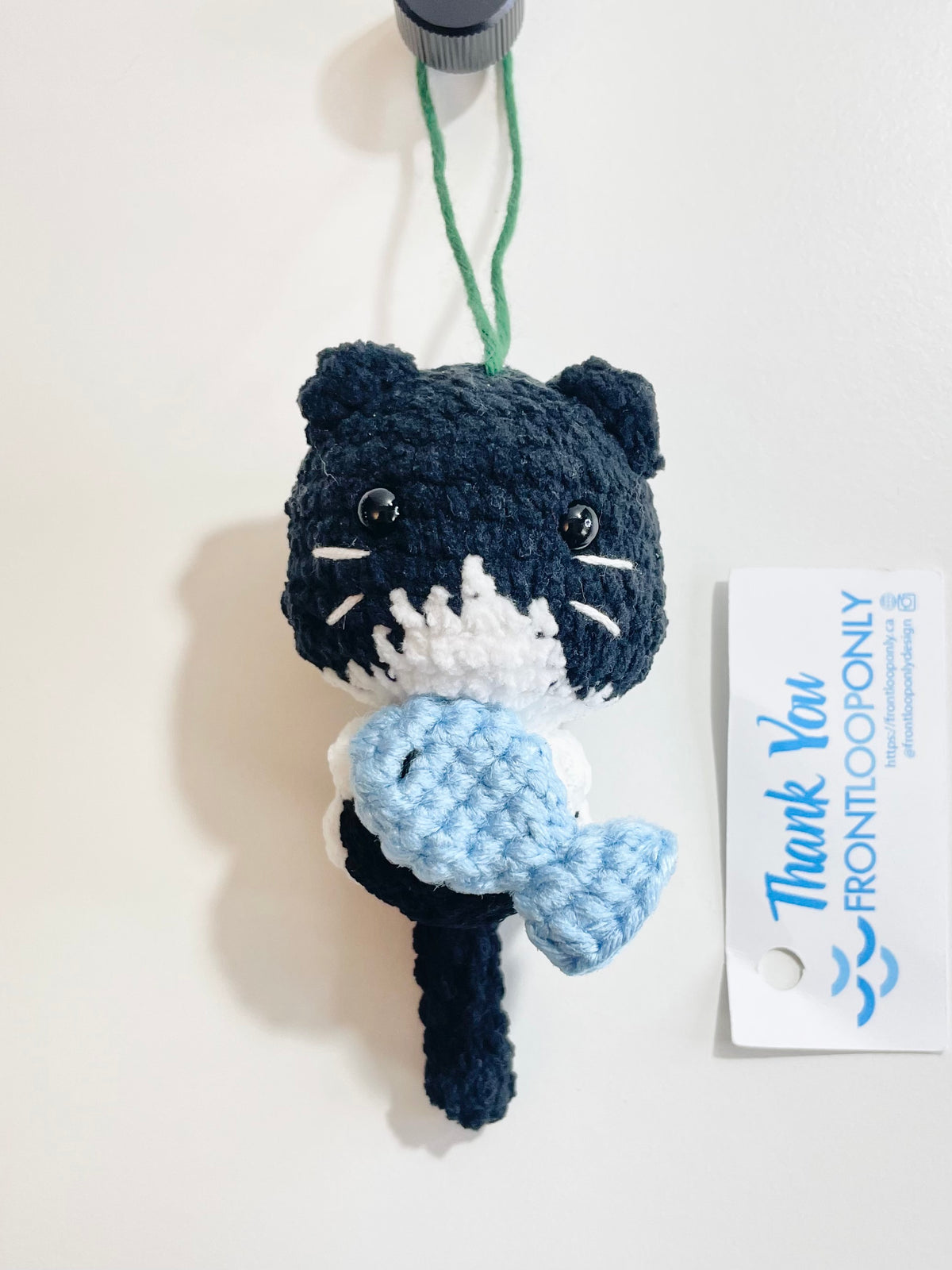 Handmade Crochet Cat Ornament with Fish, Christmas Tree Decoration, Kitten Lover Gift, Stocking Stuffer