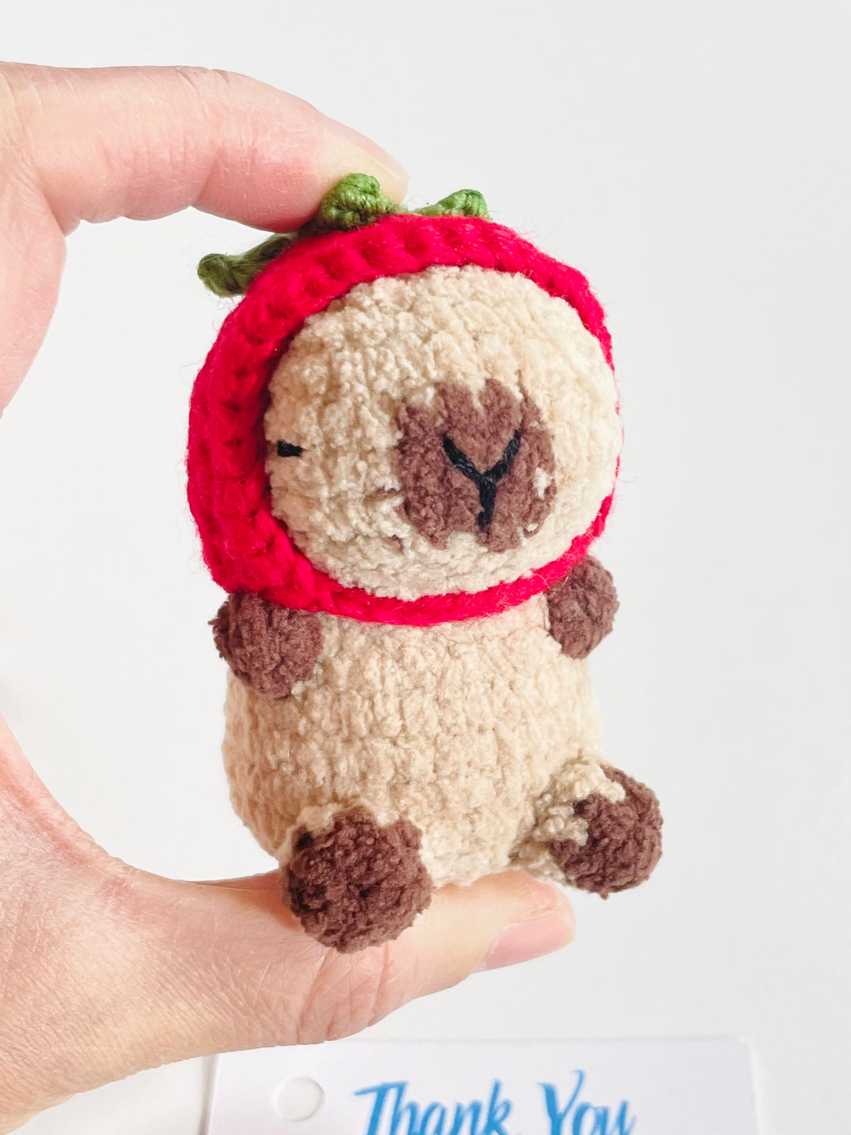 Crochet Capybara Keychain with Strawberry Hat, Handmade Animal Bag Charm, Kawaii Backpack Accessory