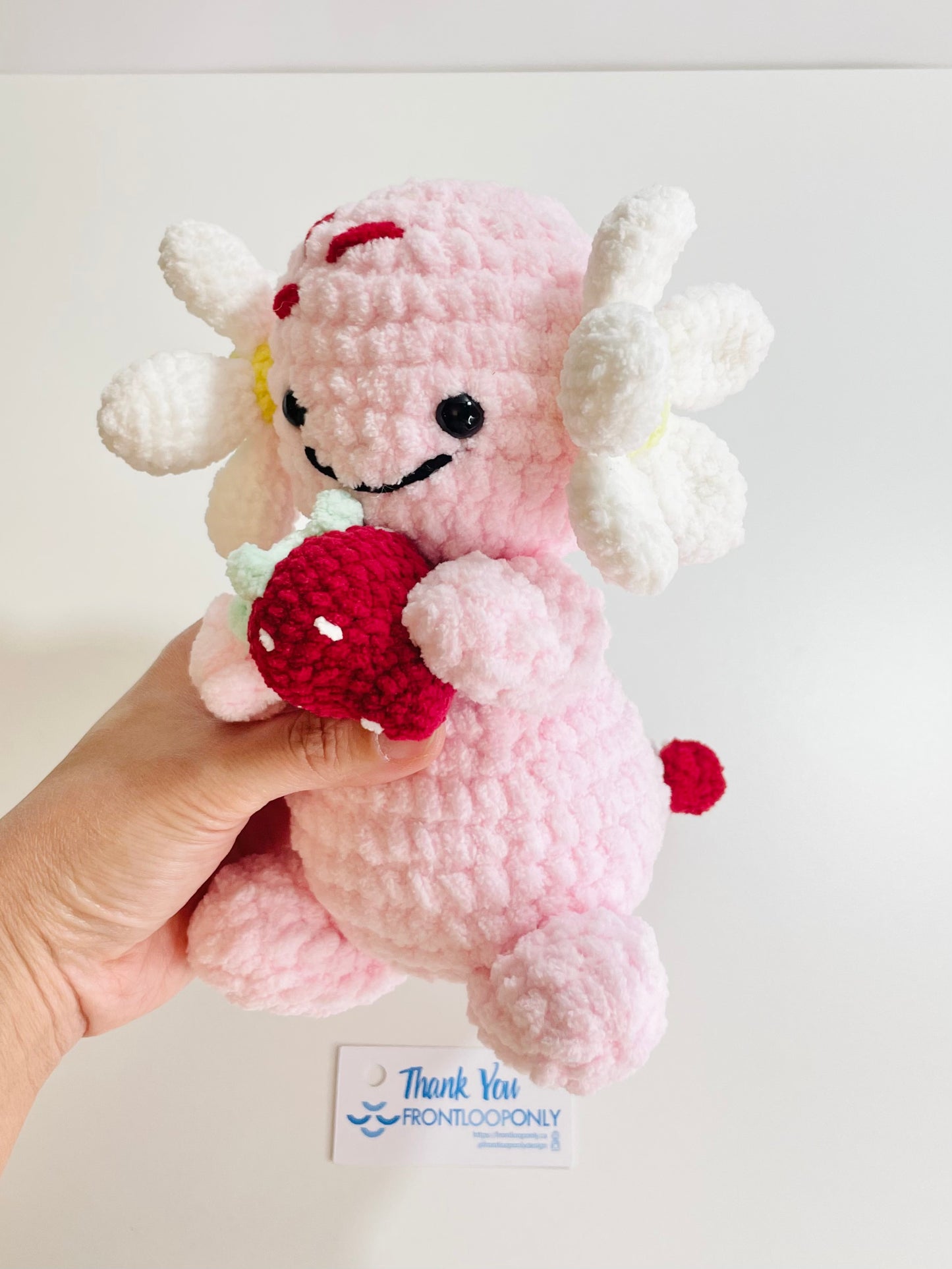Crochet Strawberry Axolotl Plushie | Handmade Kawaii Axolotl Stuffed Animal | Soft Pink Plush Toy | Strawberry Lover Gift