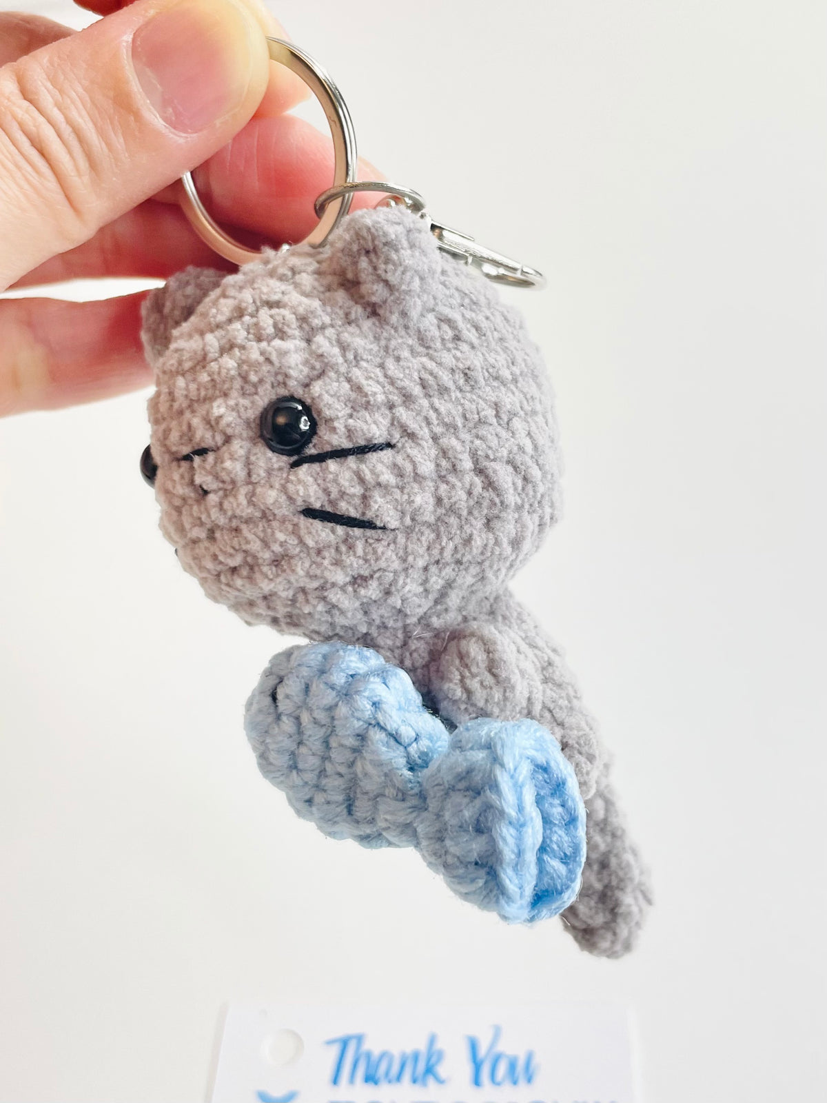 Crochet Cat Keychain with Fish, Handmade Amigurumi Bag Charm, Kitten Lover, Pet Owner Accessory
