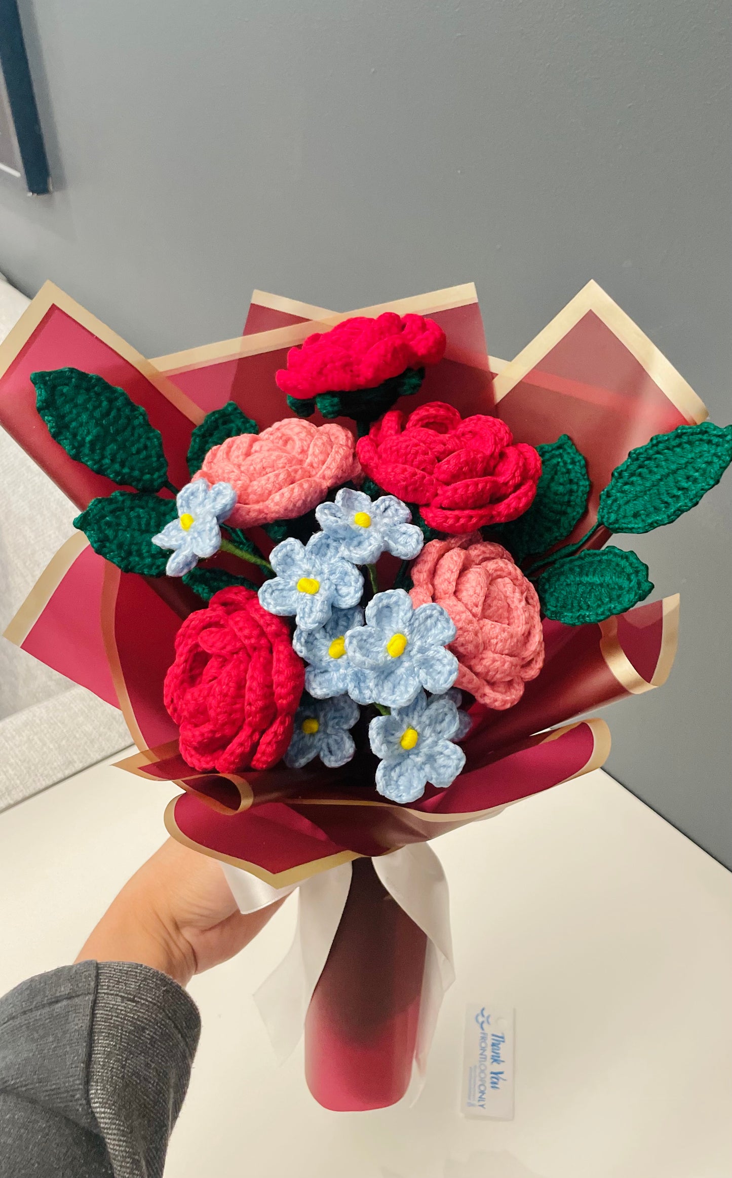 Crochet Flower Bouquet – Handmade Rose & Forget-Me-Not  Flowers Gift