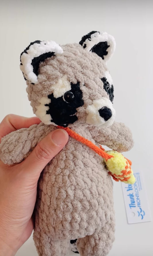 Crochet Snuggly Raccoon Plush with Fish Bag| Handmade Raccoon Amigurumi | Woodland Animal Plushie | Nursery Decor | Unique Gift for Animal Lovers