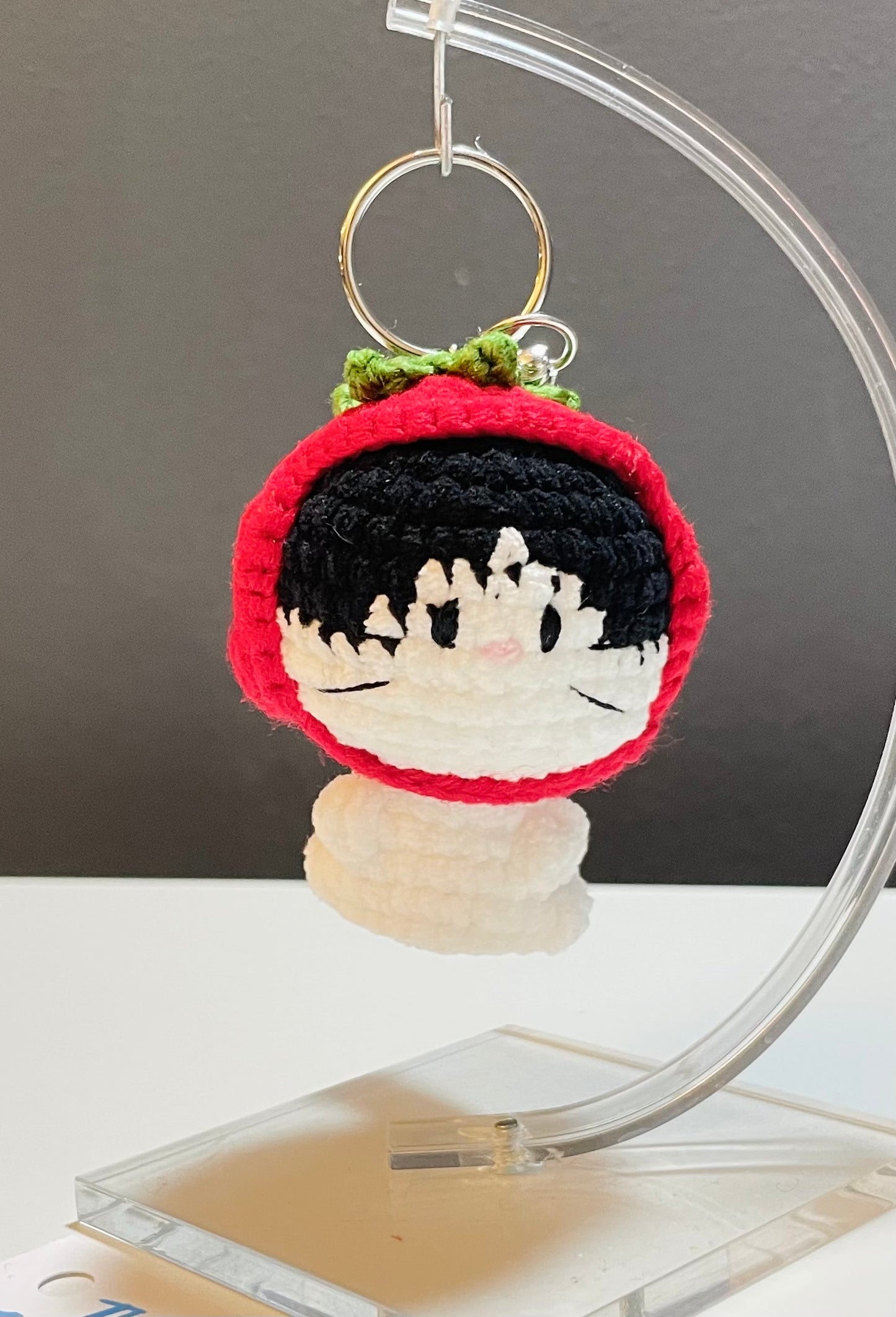 Crochet Cat Strawberry Hat Keychain – Amigurumi Kitty Plush Bag Charm