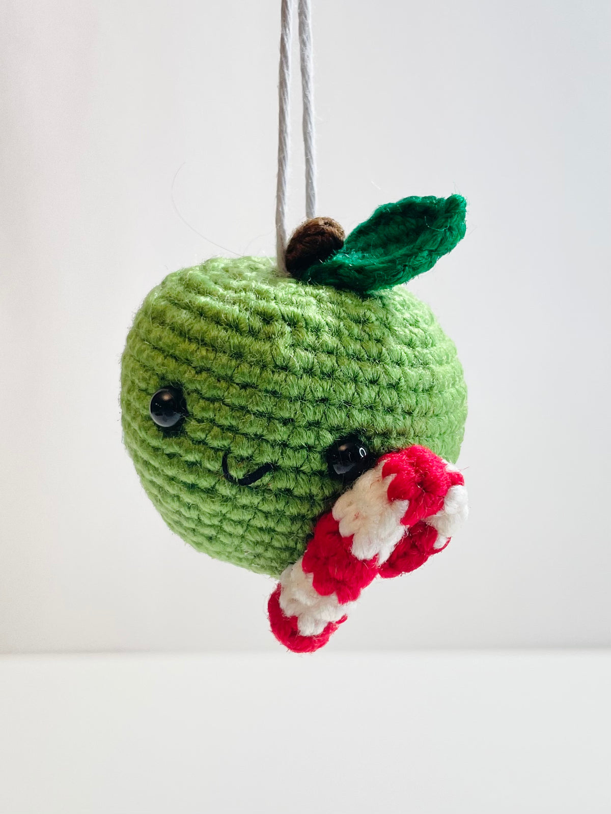 Handmade Crochet Apple Ornament, Candy Cane Christmas Decor, Teacher Gift, Fruit Keepsake