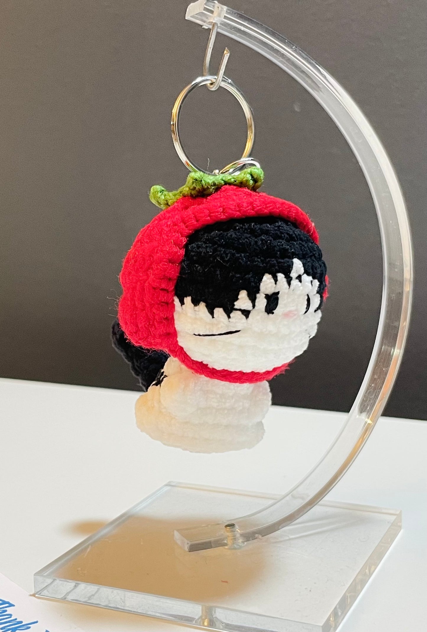 Crochet Cat Strawberry Hat Keychain – Amigurumi Kitty Plush Bag Charm