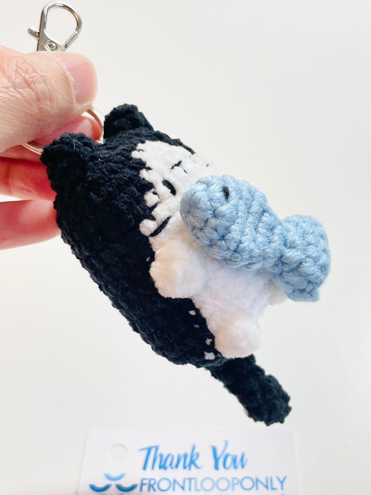 Crochet Cat Keychain Holding Fish, Handmade Sleepy Kitten Bag Charm, Amigurumi Pet Lover