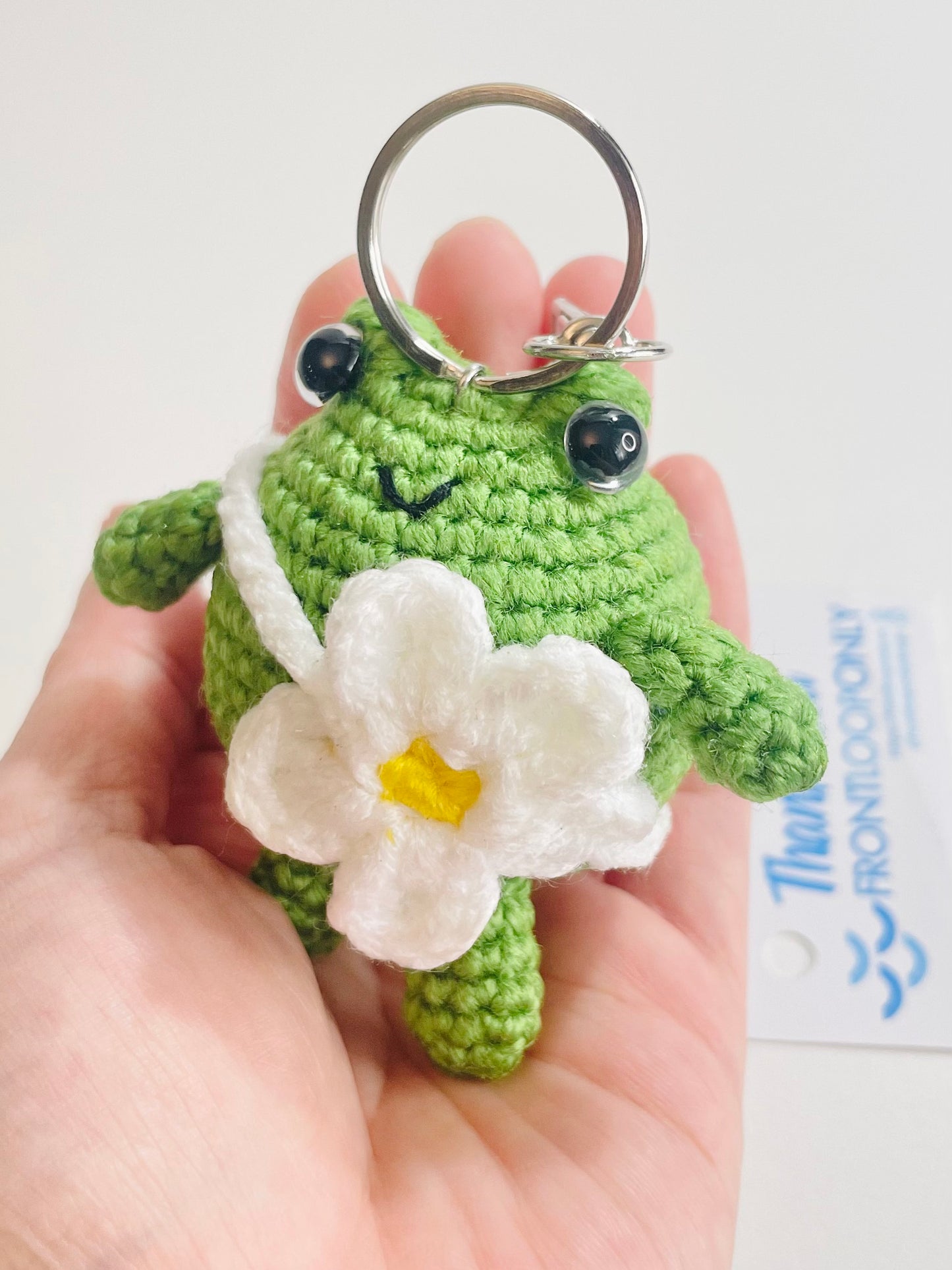 Crochet Frog Keychain with Flower, Kawaii Frog Keyring, Handmade Amigurumi Animal Bag Charm