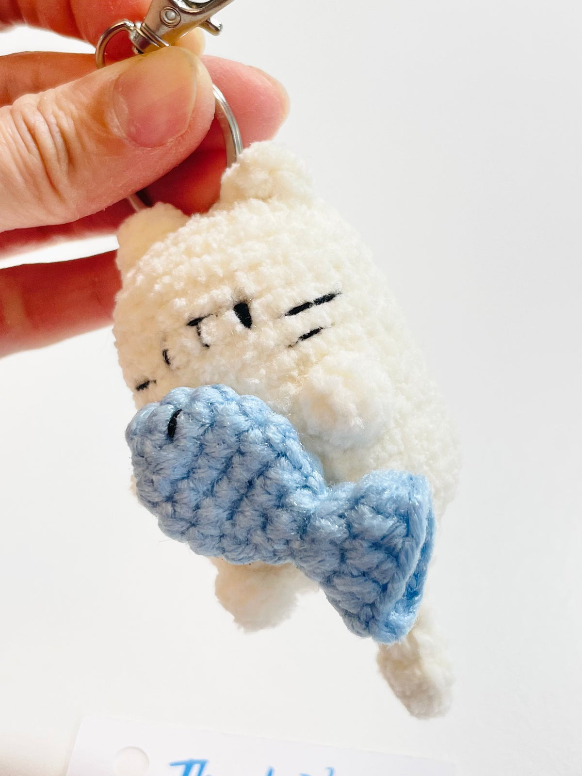 Crochet Cat Keychain Holding Fish, Handmade Sleepy Kitten Bag Charm, Amigurumi Pet Lover