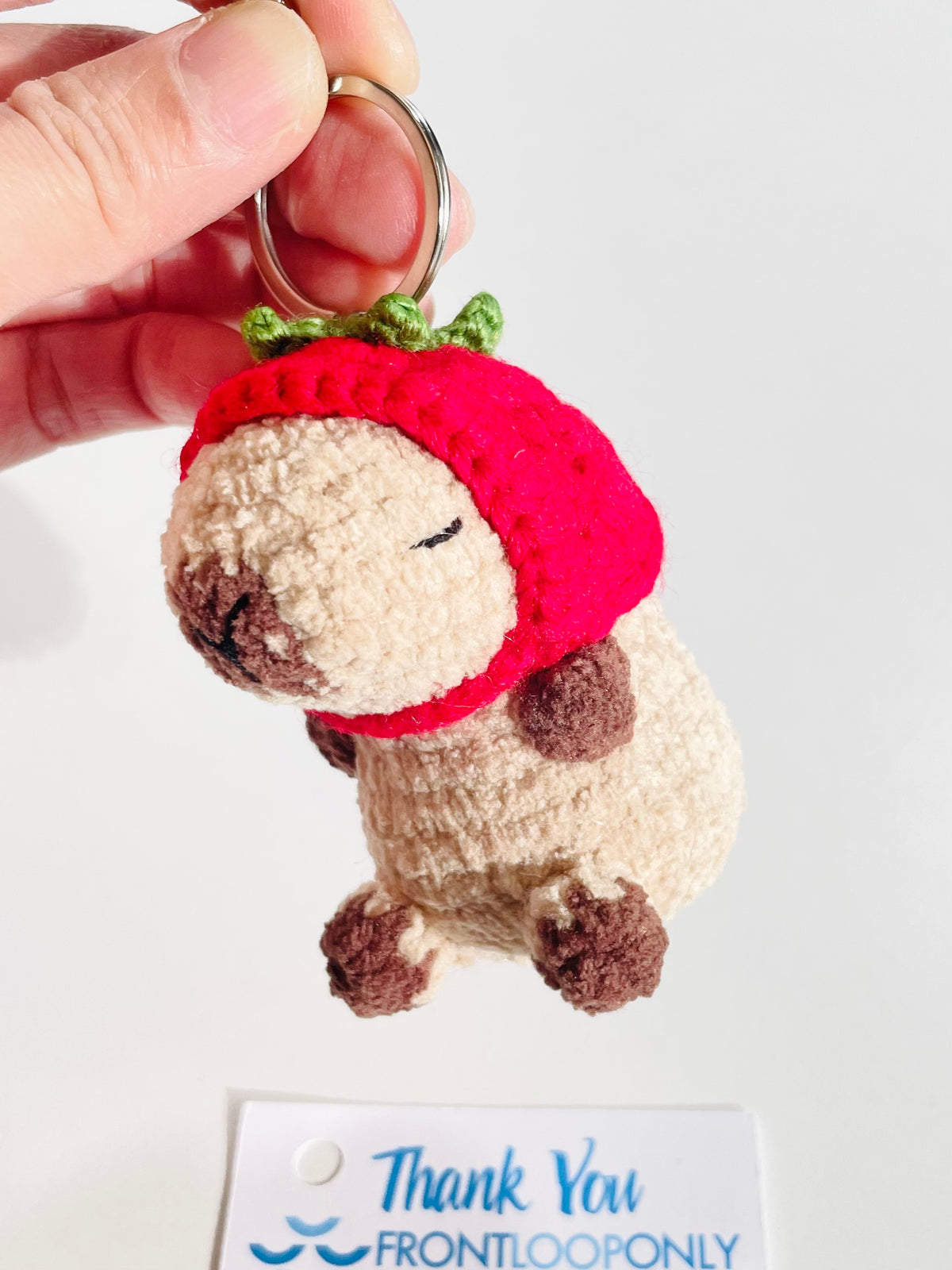 Crochet Capybara Keychain with Strawberry Hat, Handmade Animal Bag Charm, Kawaii Backpack Accessory