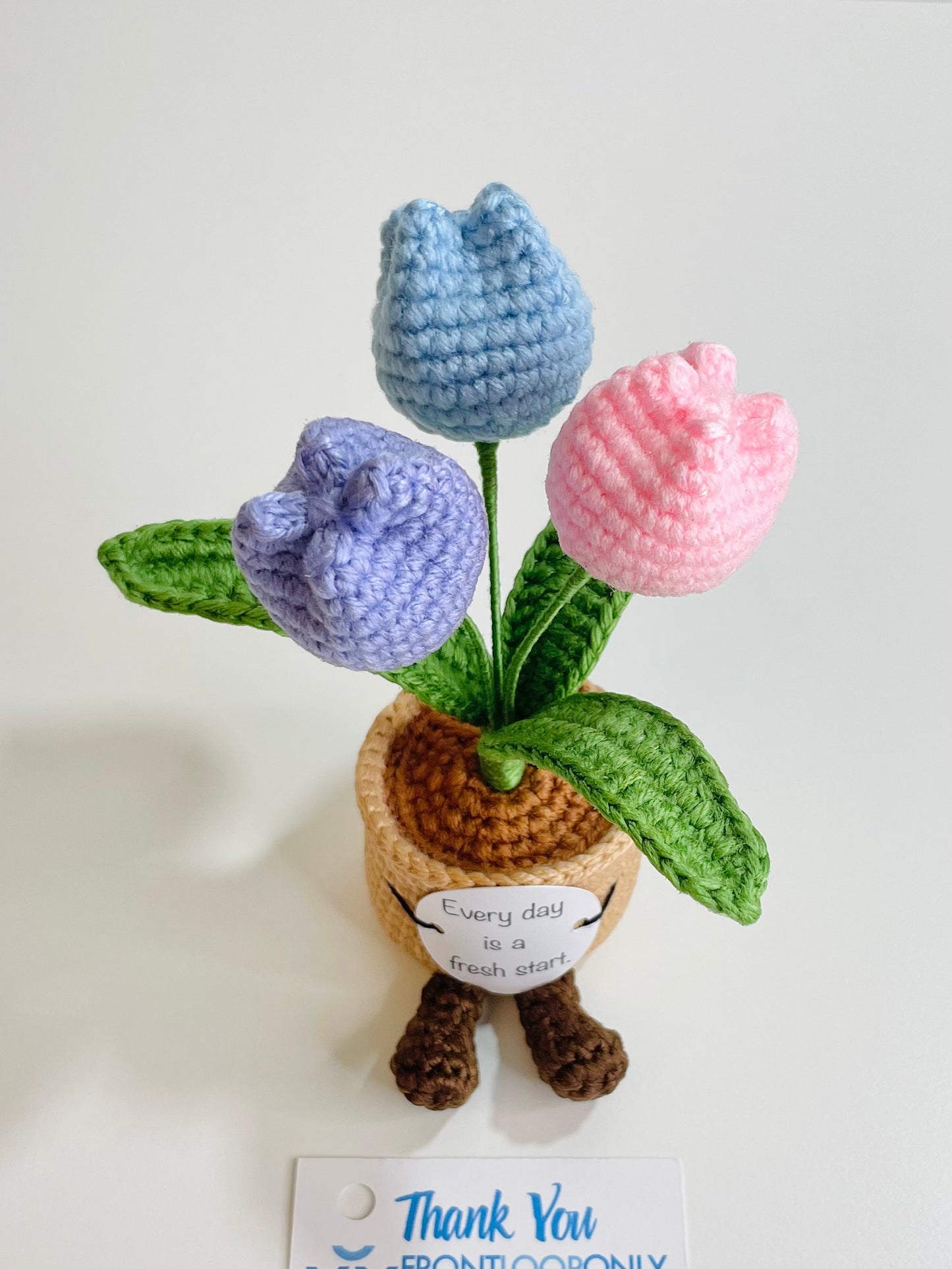 Crochet Flower Pot with Positive Message | Tulip, Sunflower, Rose Desk Decor