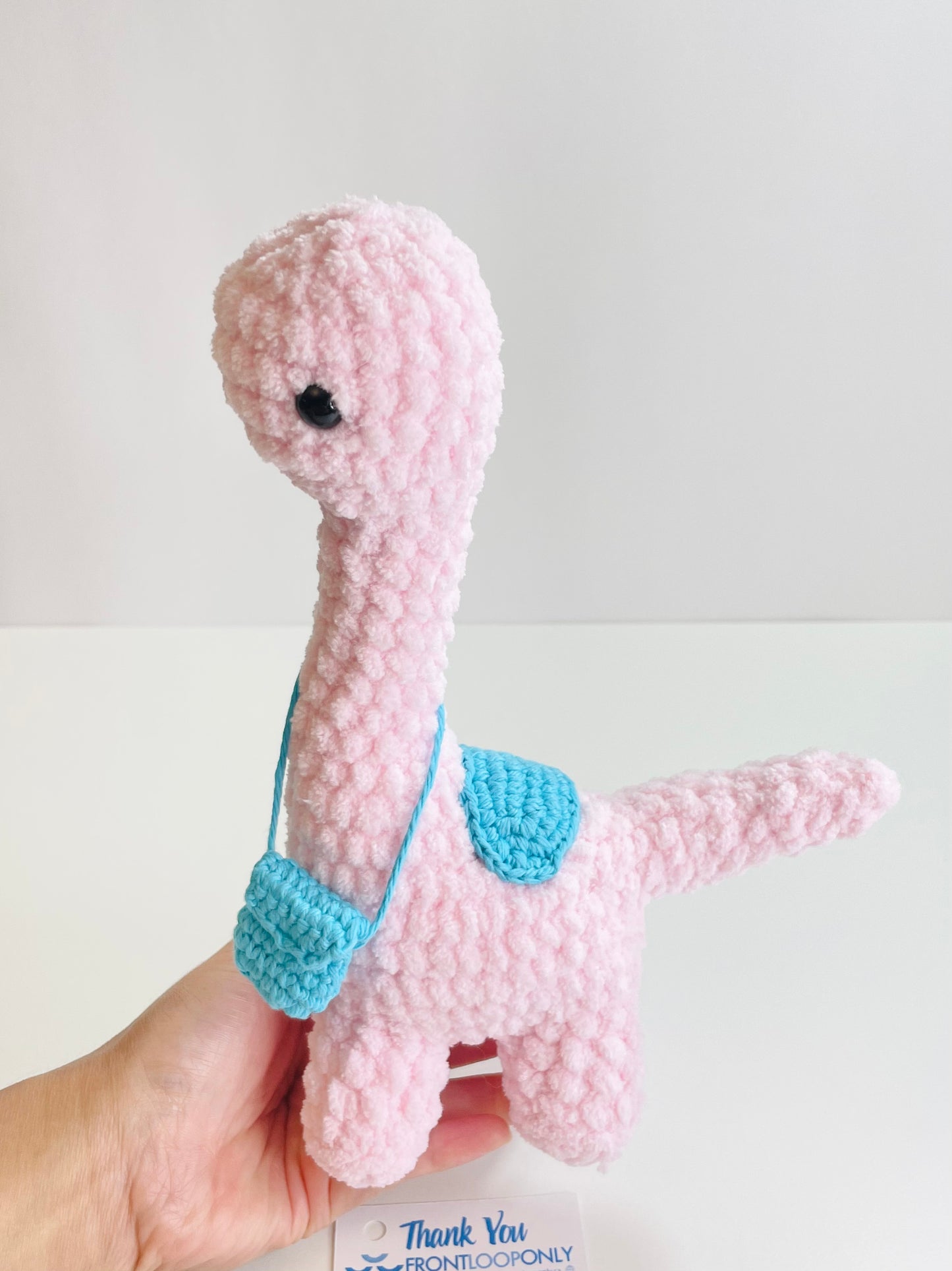 Crochet Brontosaurus Plush with Removable Bag, Kawaii Amigurumi Dinosaur, Nursery Decor