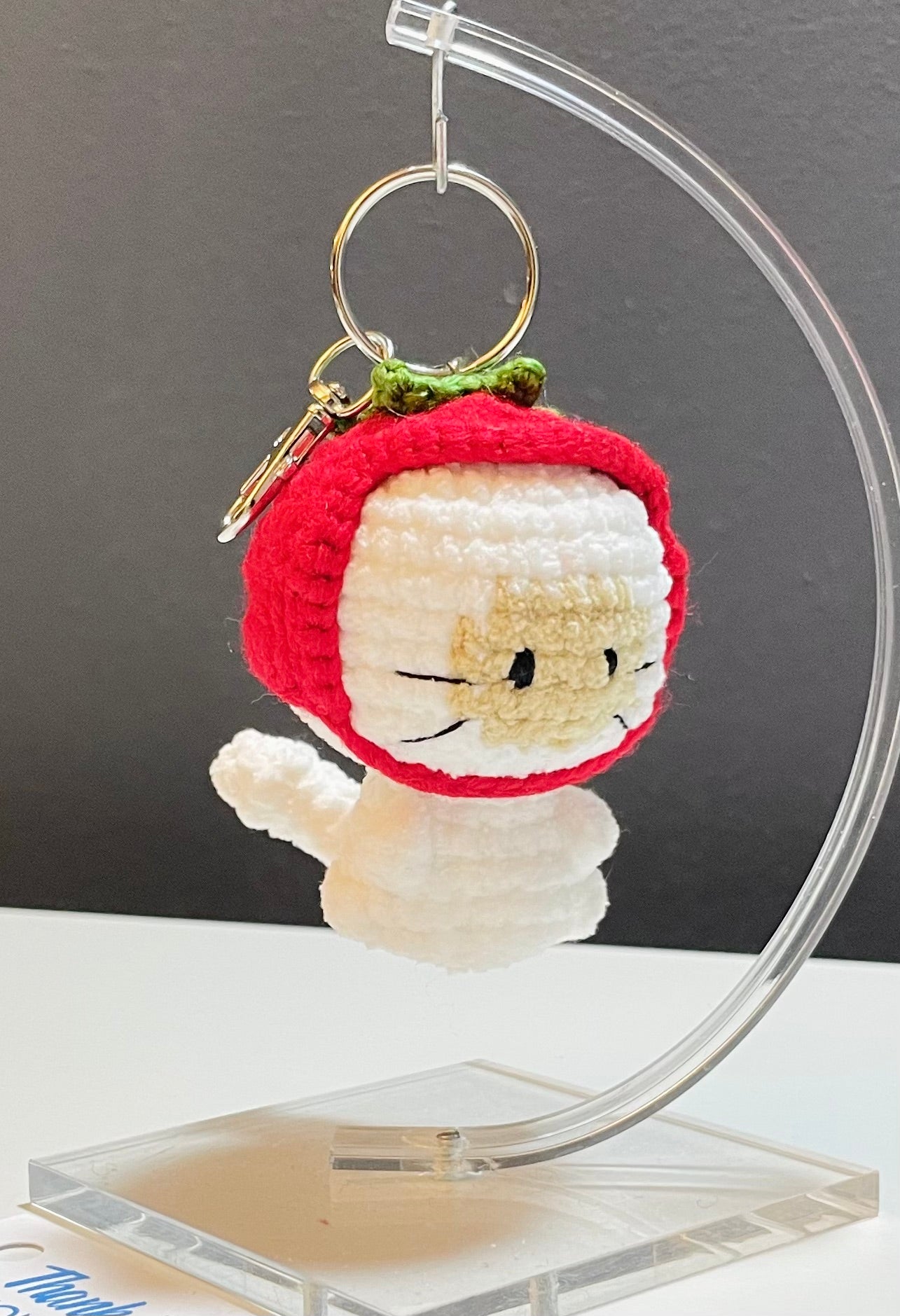 Crochet Cat Strawberry Hat Keychain – Amigurumi Kitty Plush Bag Charm