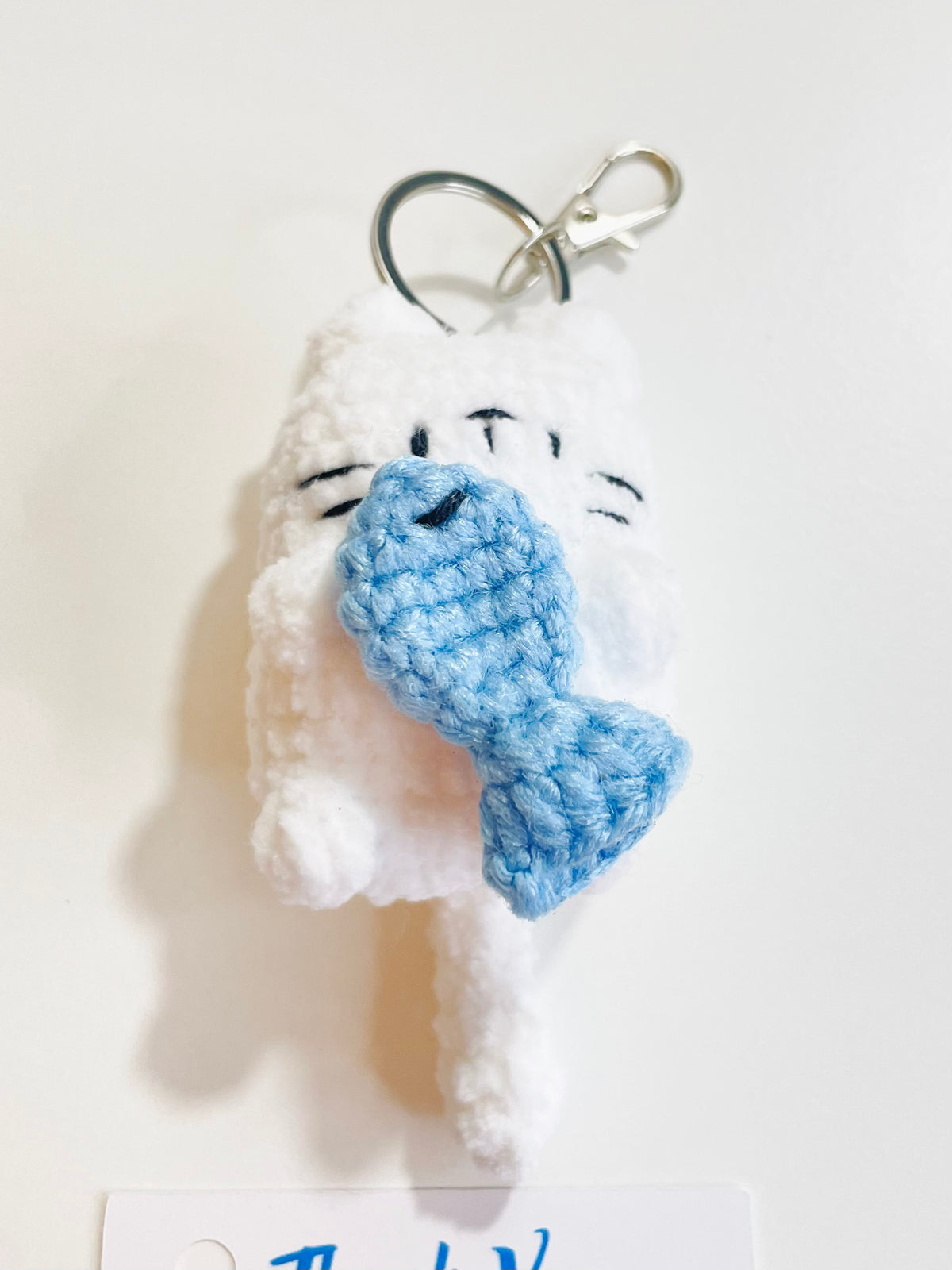 Crochet Cat Keychain Holding Fish, Handmade Sleepy Kitten Bag Charm, Amigurumi Pet Lover