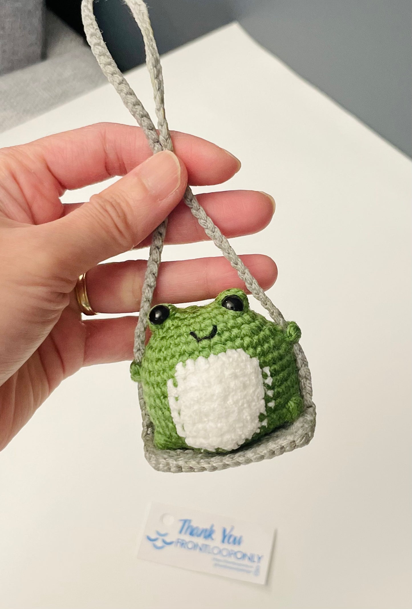 Crochet Frog on a Swing Car Charm – Handmade Rearview Mirror Hanging Ornament – Frog Car Accessory