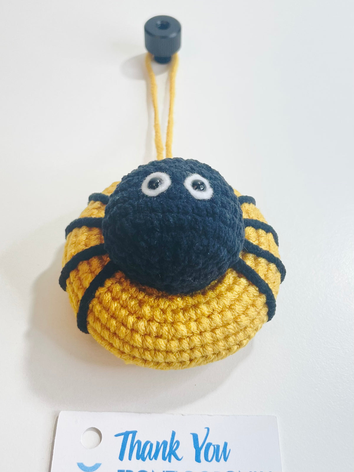 Handmade Crochet Spider Charm, Black and Yellow Halloween Keychain, Spooky Car Ornament