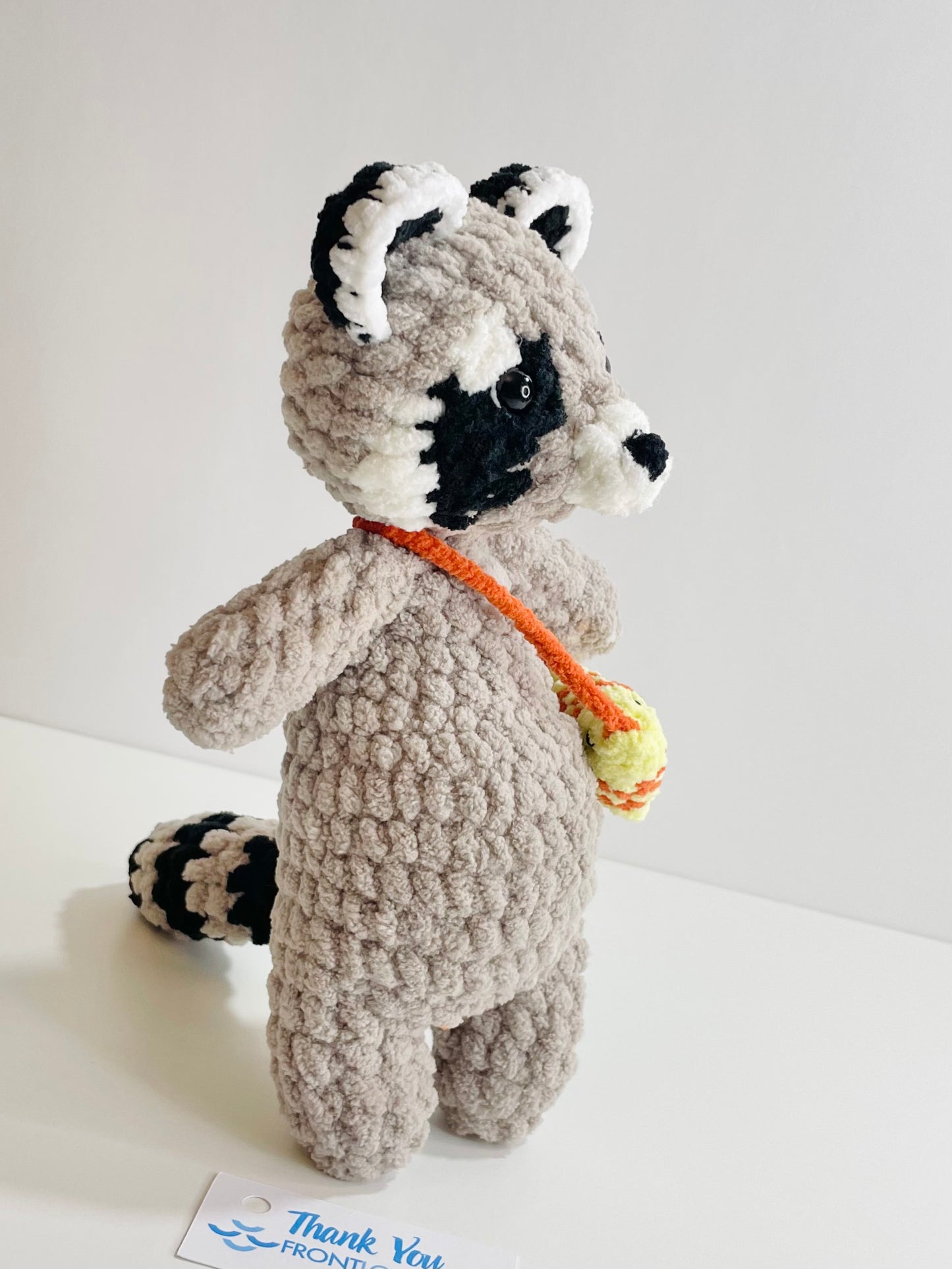Crochet Snuggly Raccoon Plush with Fish Bag| Handmade Raccoon Amigurumi | Woodland Animal Plushie | Nursery Decor | Unique Gift for Animal Lovers