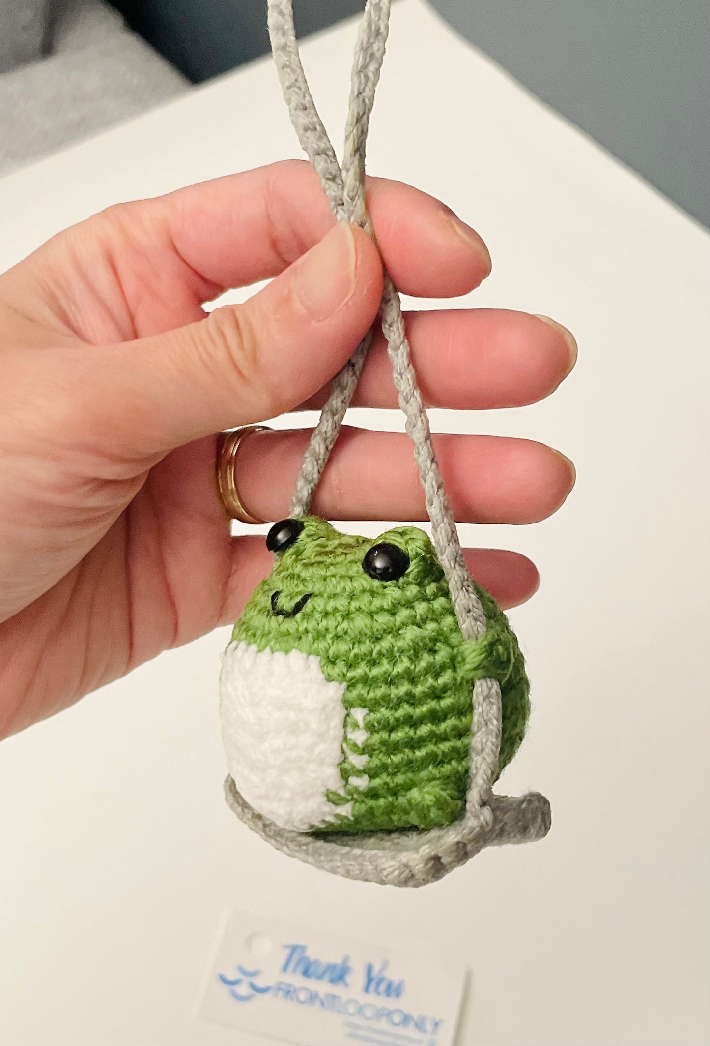 Crochet Frog on a Swing Car Charm – Handmade Rearview Mirror Hanging Ornament – Frog Car Accessory