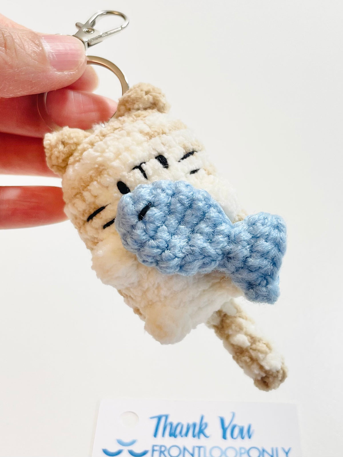 Crochet Cat Keychain Holding Fish, Handmade Sleepy Kitten Bag Charm, Amigurumi Pet Lover
