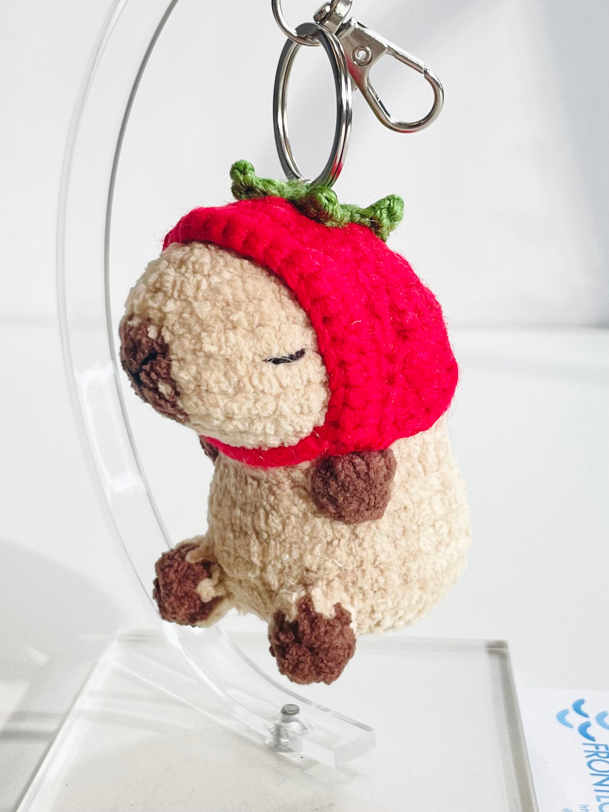Crochet Capybara Keychain with Strawberry Hat, Handmade Animal Bag Charm, Kawaii Backpack Accessory