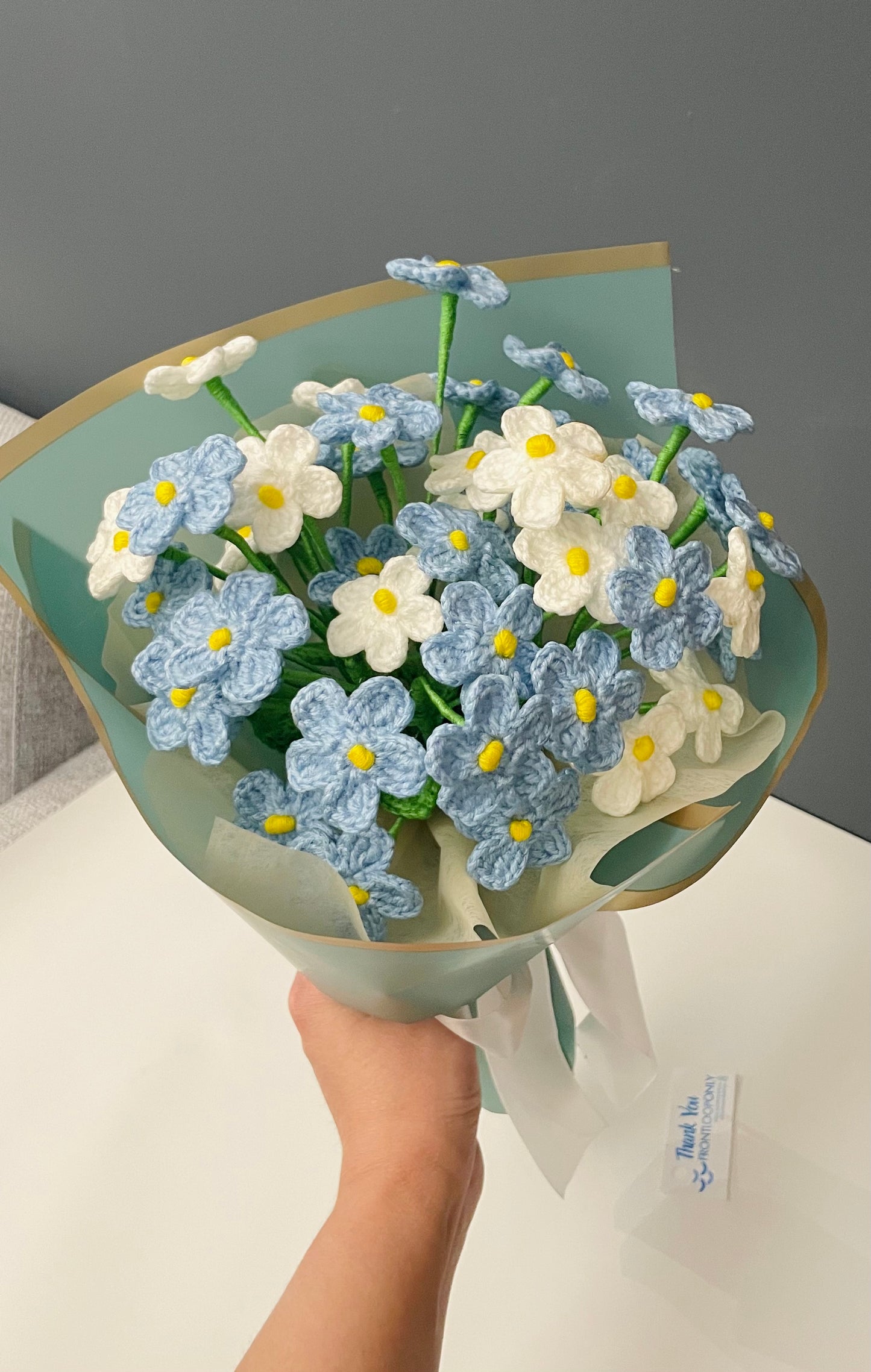 Crochet Forget-Me-Not Bouquet – Handmade Blue Flower “Please Don’t Forget Me” Gift