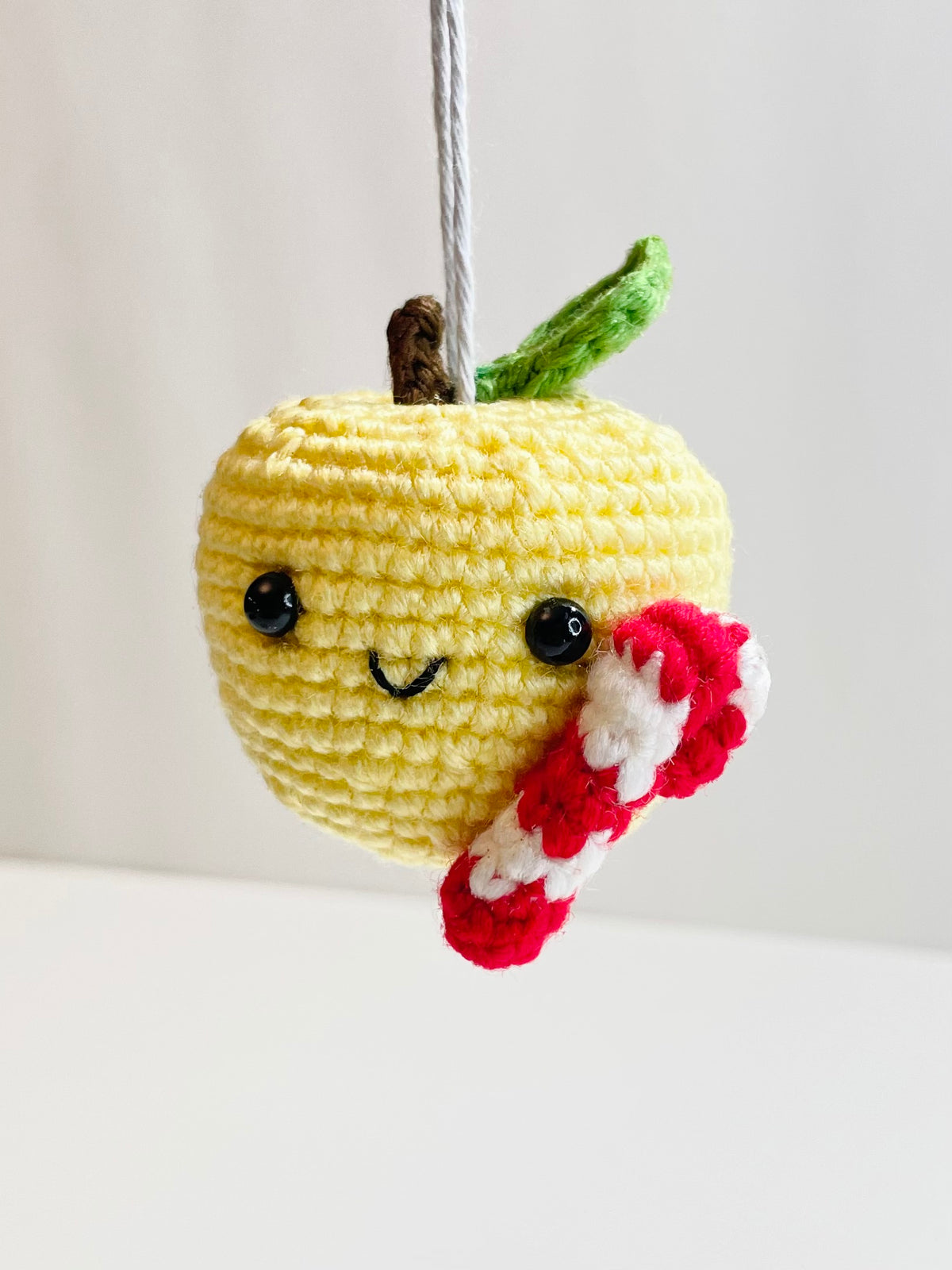 Handmade Crochet Apple Ornament, Candy Cane Christmas Decor, Teacher Gift, Fruit Keepsake