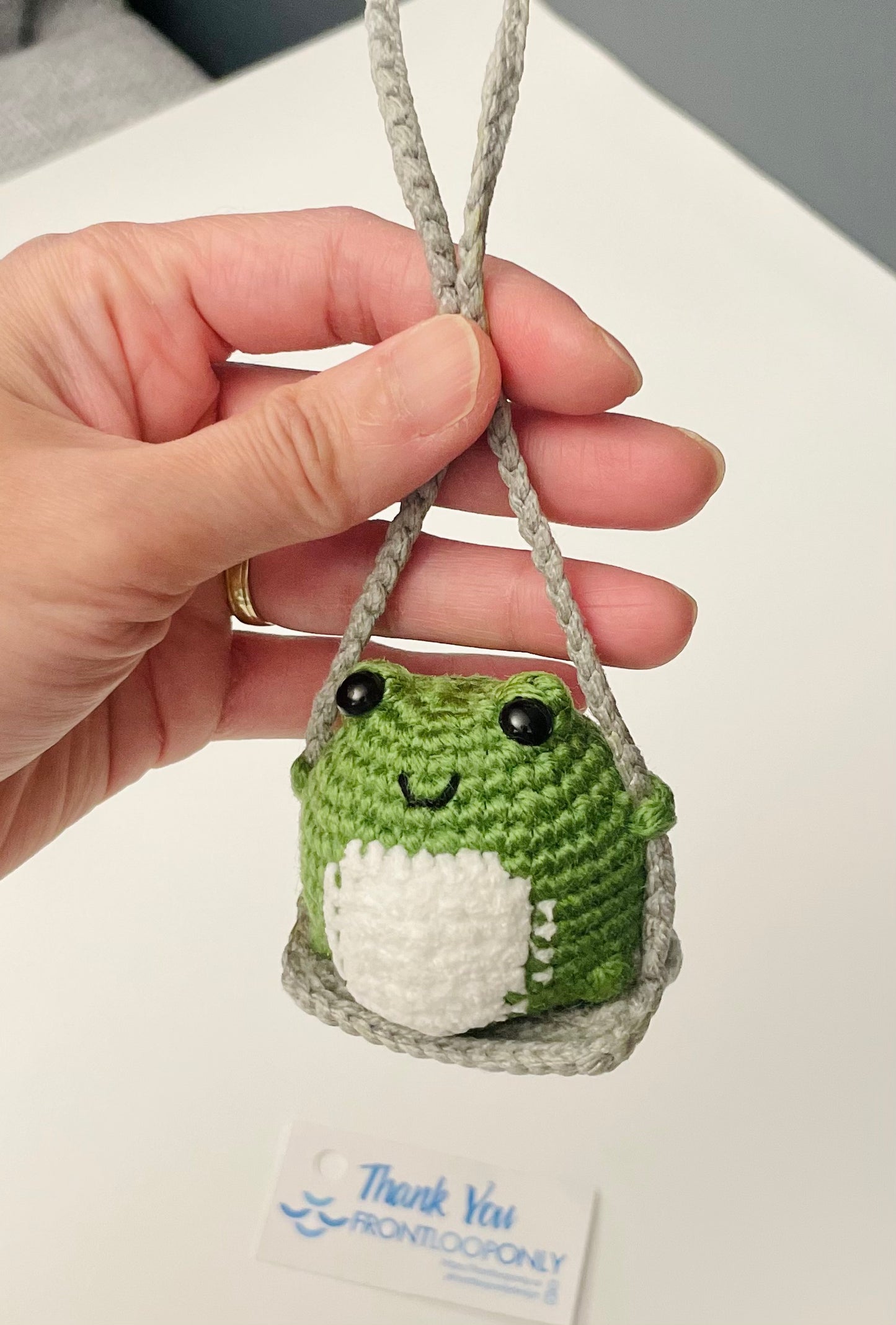Crochet Frog on a Swing Car Charm – Handmade Rearview Mirror Hanging Ornament – Frog Car Accessory