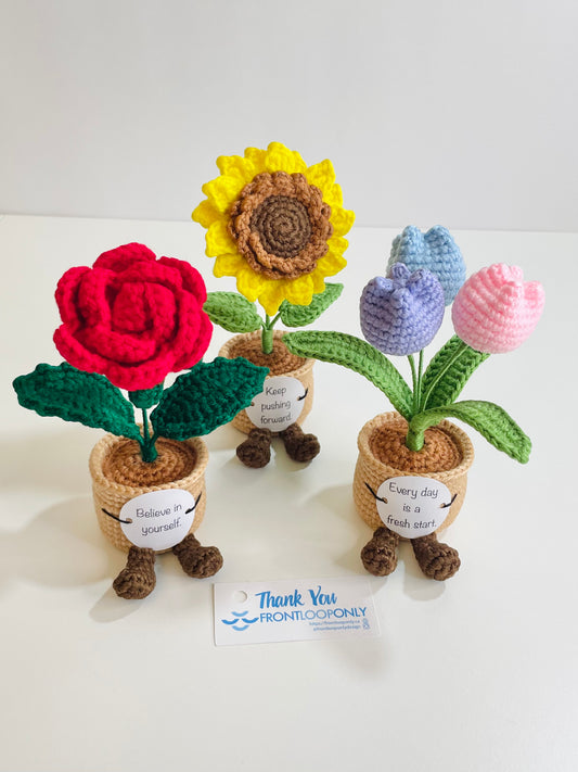 Crochet Flower Pot with Positive Message | Tulip, Sunflower, Rose Desk Decor