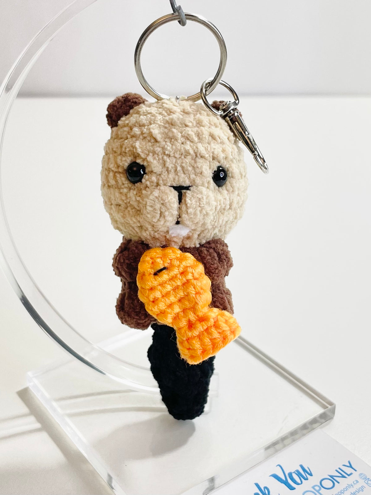 Crochet Beaver Keychain Holding Fish, Handmade Woodland Animal Bag Charm, Canadian Wildlife Gift
