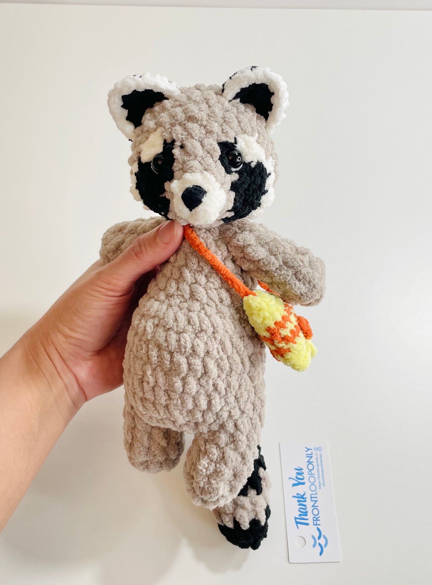 Crochet Snuggly Raccoon Plush with Fish Bag| Handmade Raccoon Amigurumi | Woodland Animal Plushie | Nursery Decor | Unique Gift for Animal Lovers