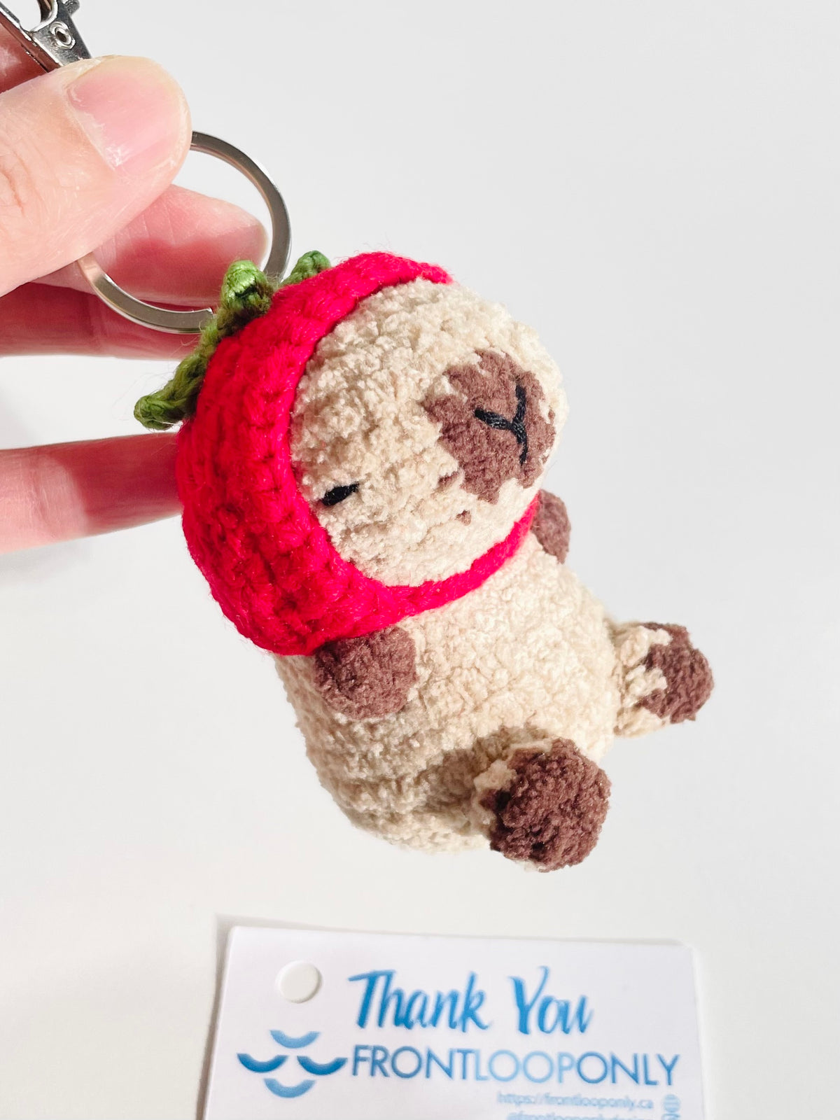 Crochet Capybara Keychain with Strawberry Hat, Handmade Animal Bag Charm, Kawaii Backpack Accessory