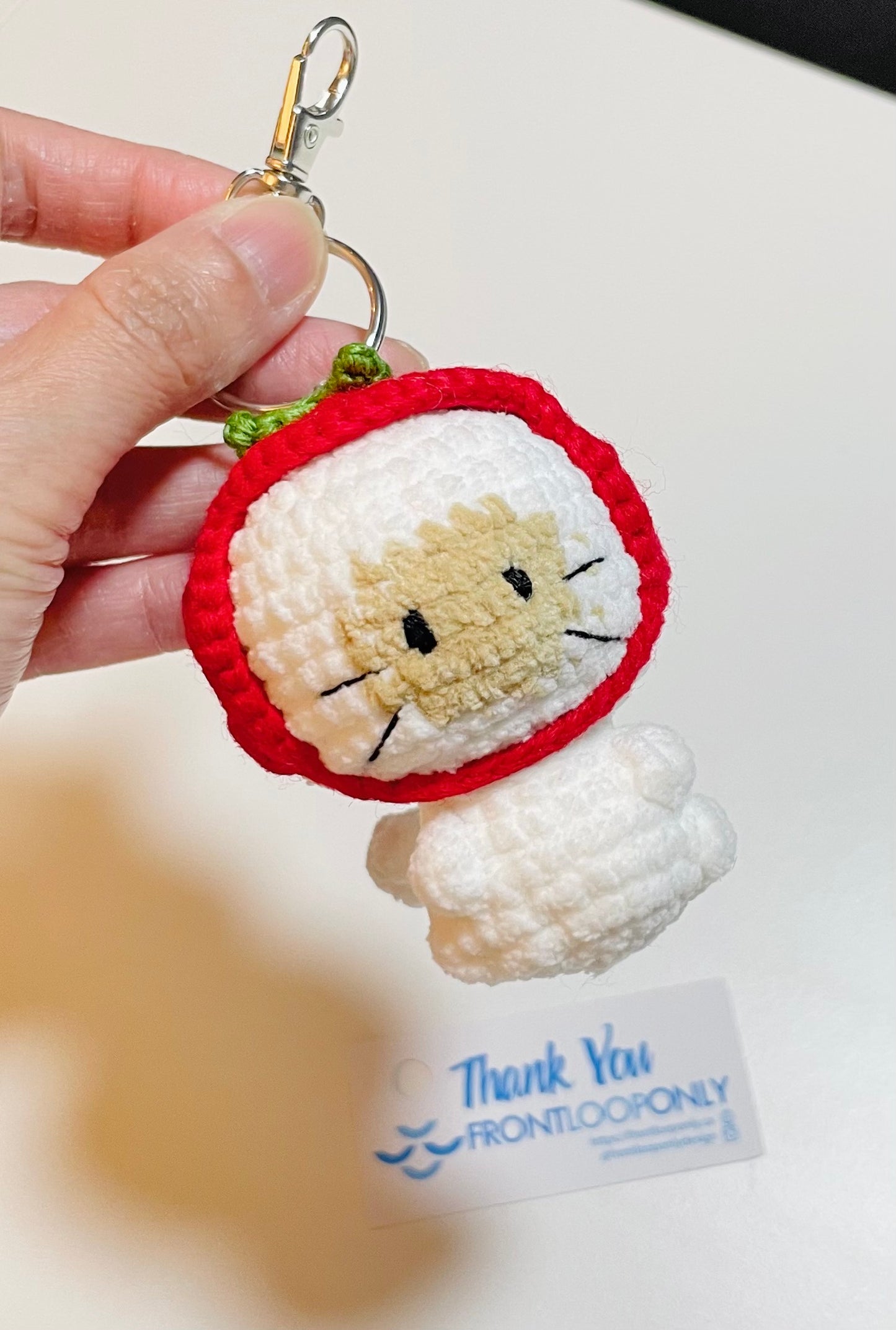 Crochet Cat Strawberry Hat Keychain – Amigurumi Kitty Plush Bag Charm