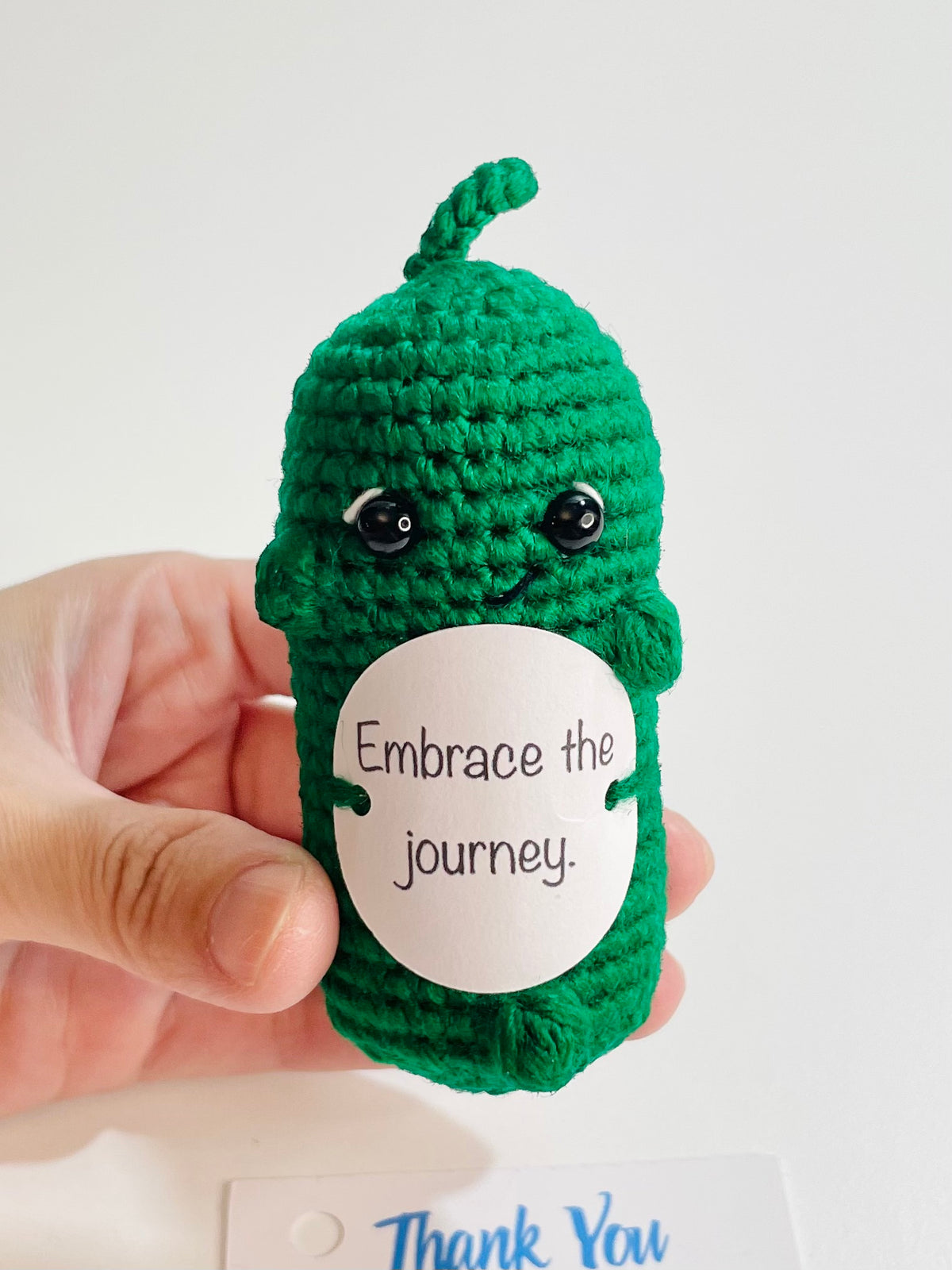 Crocheted Positive Pickle – Amigurumi Emotional Support Desk Buddy with Inspirational Card