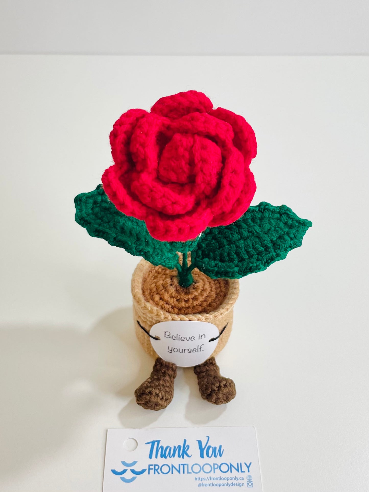 Crochet Flower Pot with Positive Message | Tulip, Sunflower, Rose Desk Decor