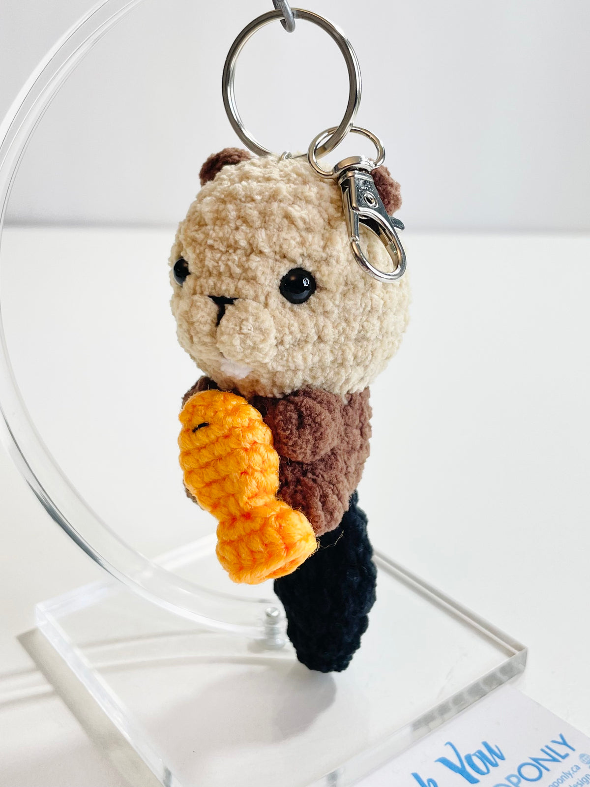 Crochet Beaver Keychain Holding Fish, Handmade Woodland Animal Bag Charm, Canadian Wildlife Gift