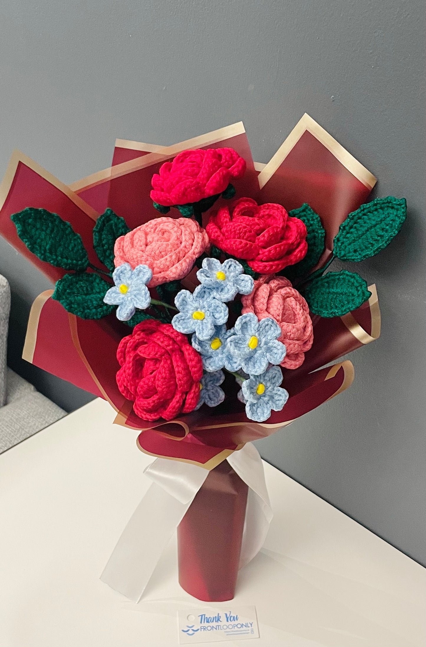 Crochet Flower Bouquet – Handmade Rose & Forget-Me-Not  Flowers Gift