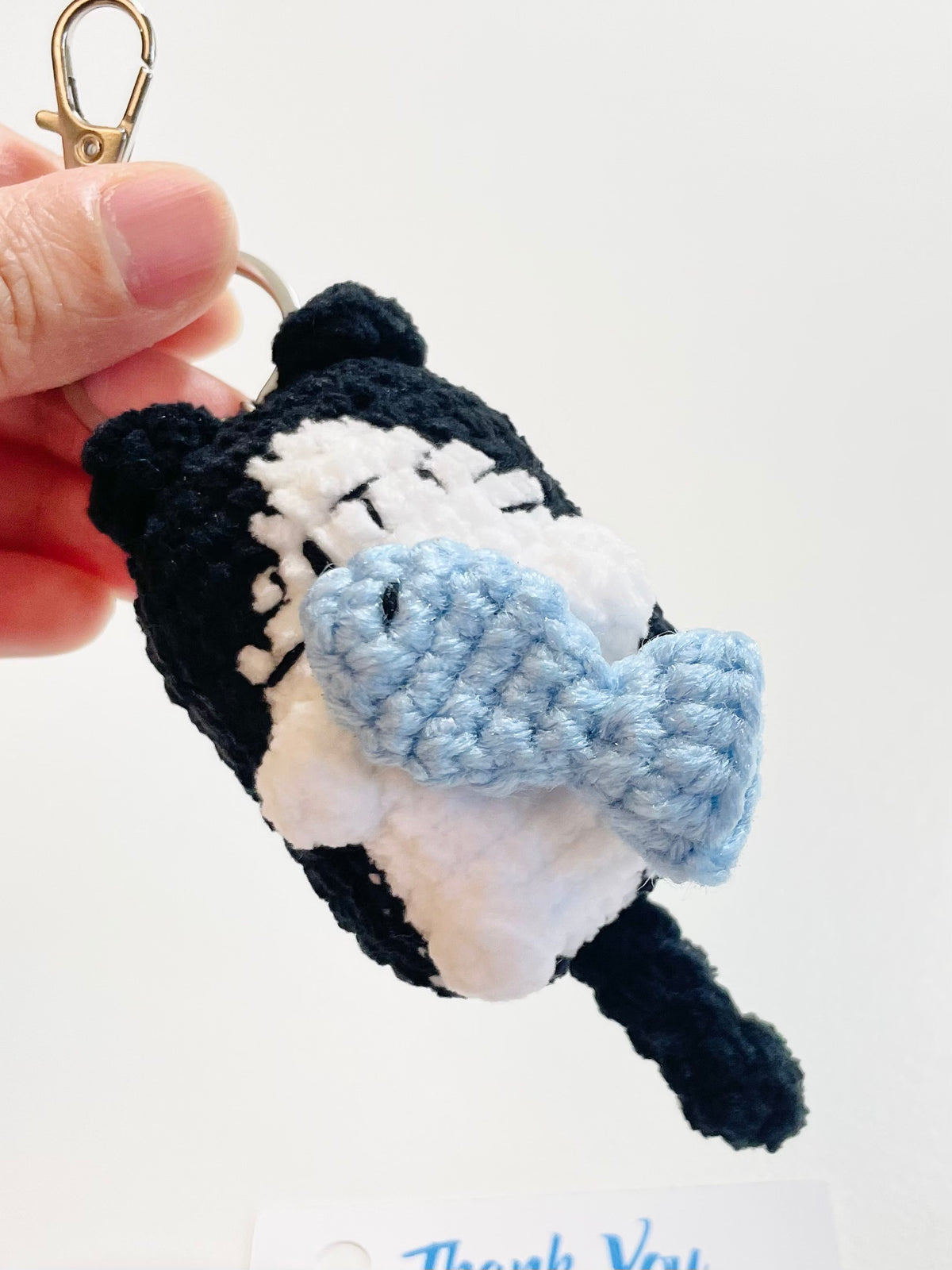 Crochet Cat Keychain Holding Fish, Handmade Sleepy Kitten Bag Charm, Amigurumi Pet Lover