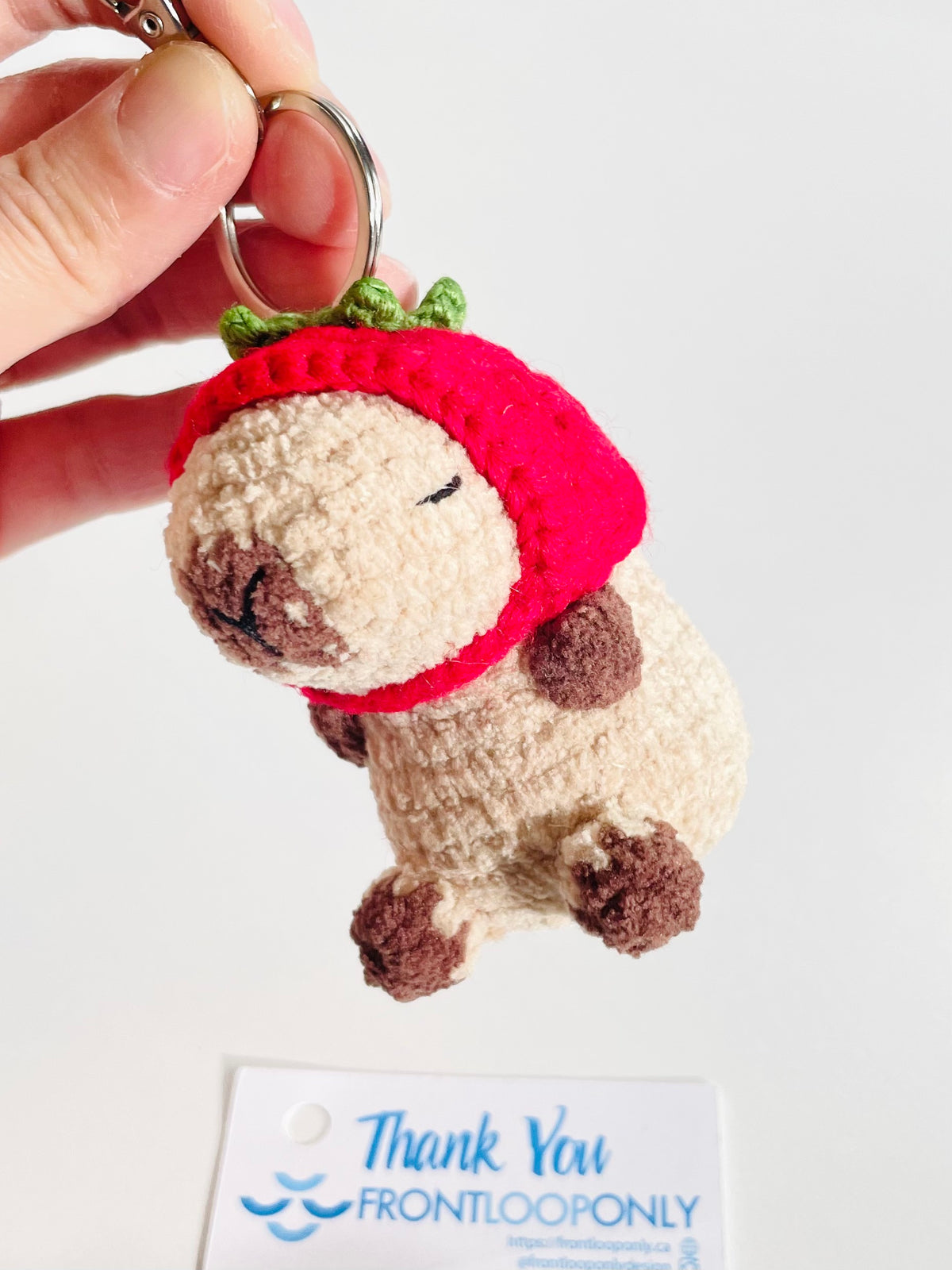Crochet Capybara Keychain with Strawberry Hat, Handmade Animal Bag Charm, Kawaii Backpack Accessory