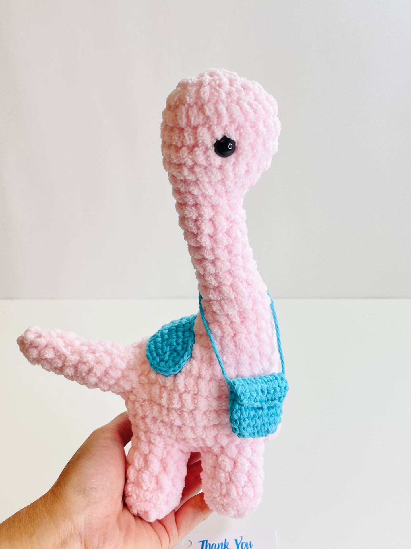 Crochet Brontosaurus Plush with Removable Bag, Kawaii Amigurumi Dinosaur, Nursery Decor