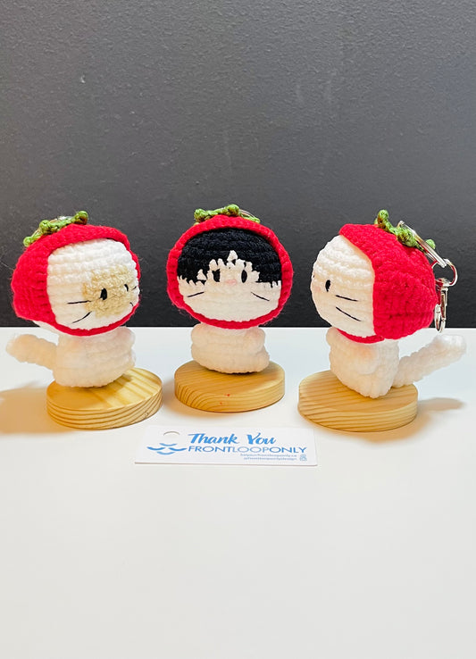 Crochet Cat Strawberry Hat Keychain – Amigurumi Kitty Plush Bag Charm