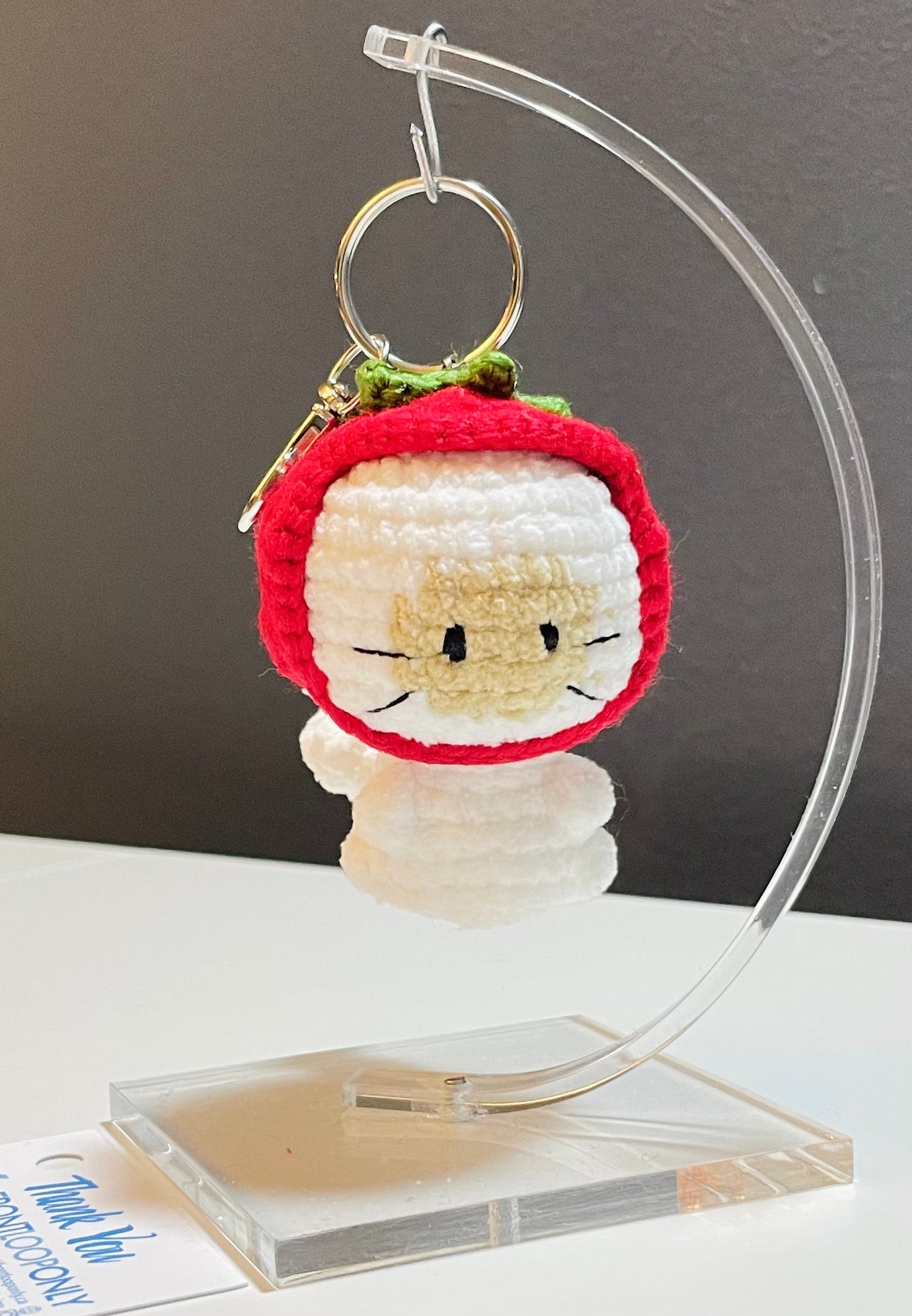 Crochet Cat Strawberry Hat Keychain – Amigurumi Kitty Plush Bag Charm