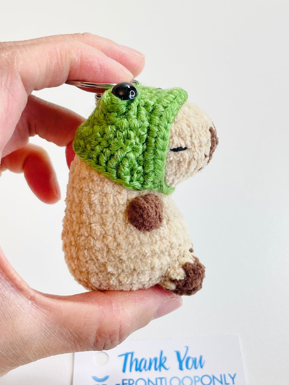 Crochet Chubby Capybara Keychain with Frog Hat, Handmade Animal Bag Charm, Amigurumi Backpack