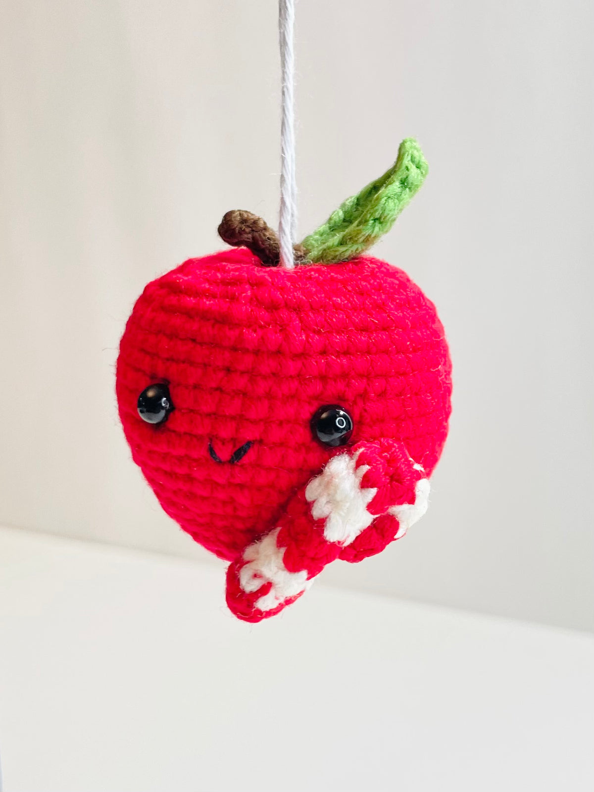 Handmade Crochet Apple Ornament, Candy Cane Christmas Decor, Teacher Gift, Fruit Keepsake