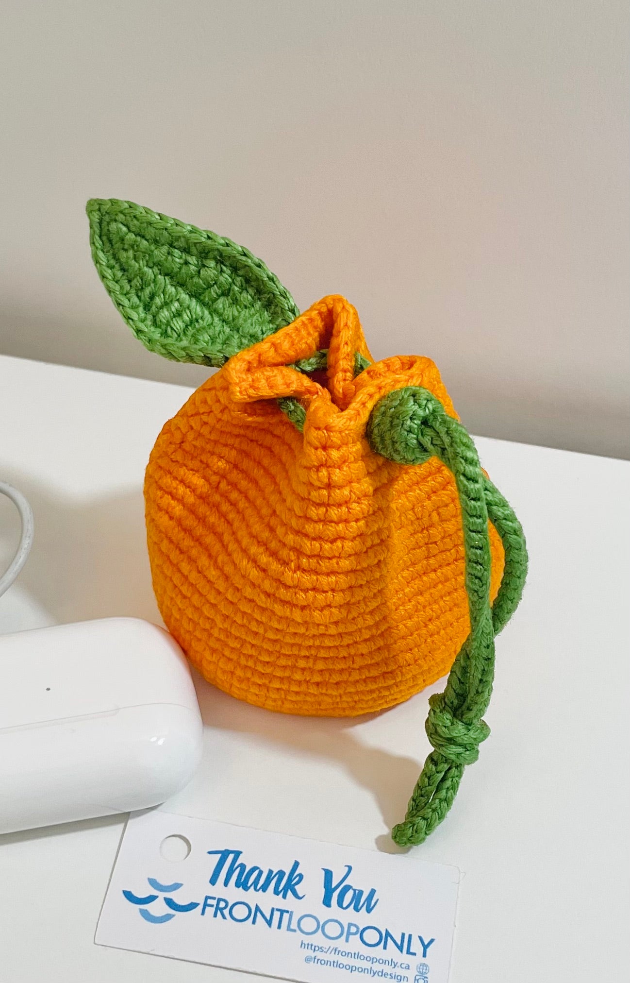 Crochet Orange Watermelon Pouch – Mini Drawstring Fruit Coin Purse, Earbud Holder