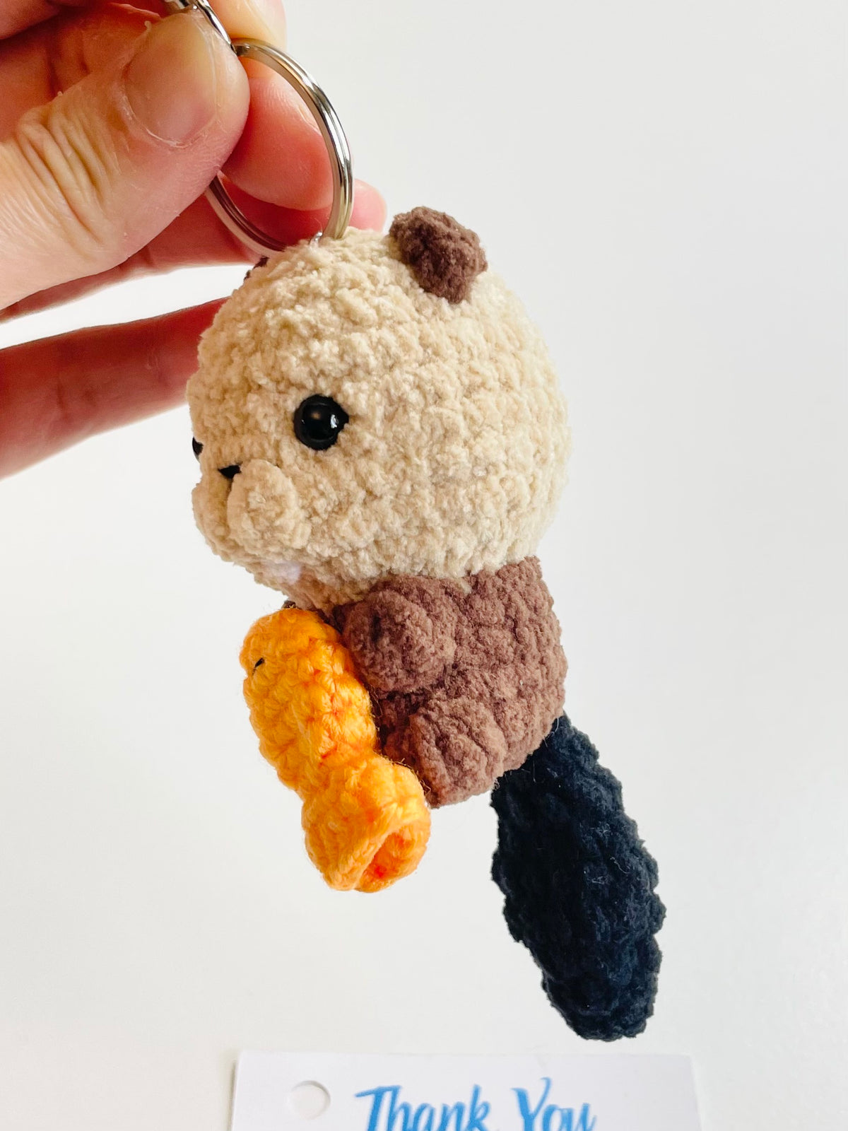 Crochet Beaver Keychain Holding Fish, Handmade Woodland Animal Bag Charm, Canadian Wildlife Gift