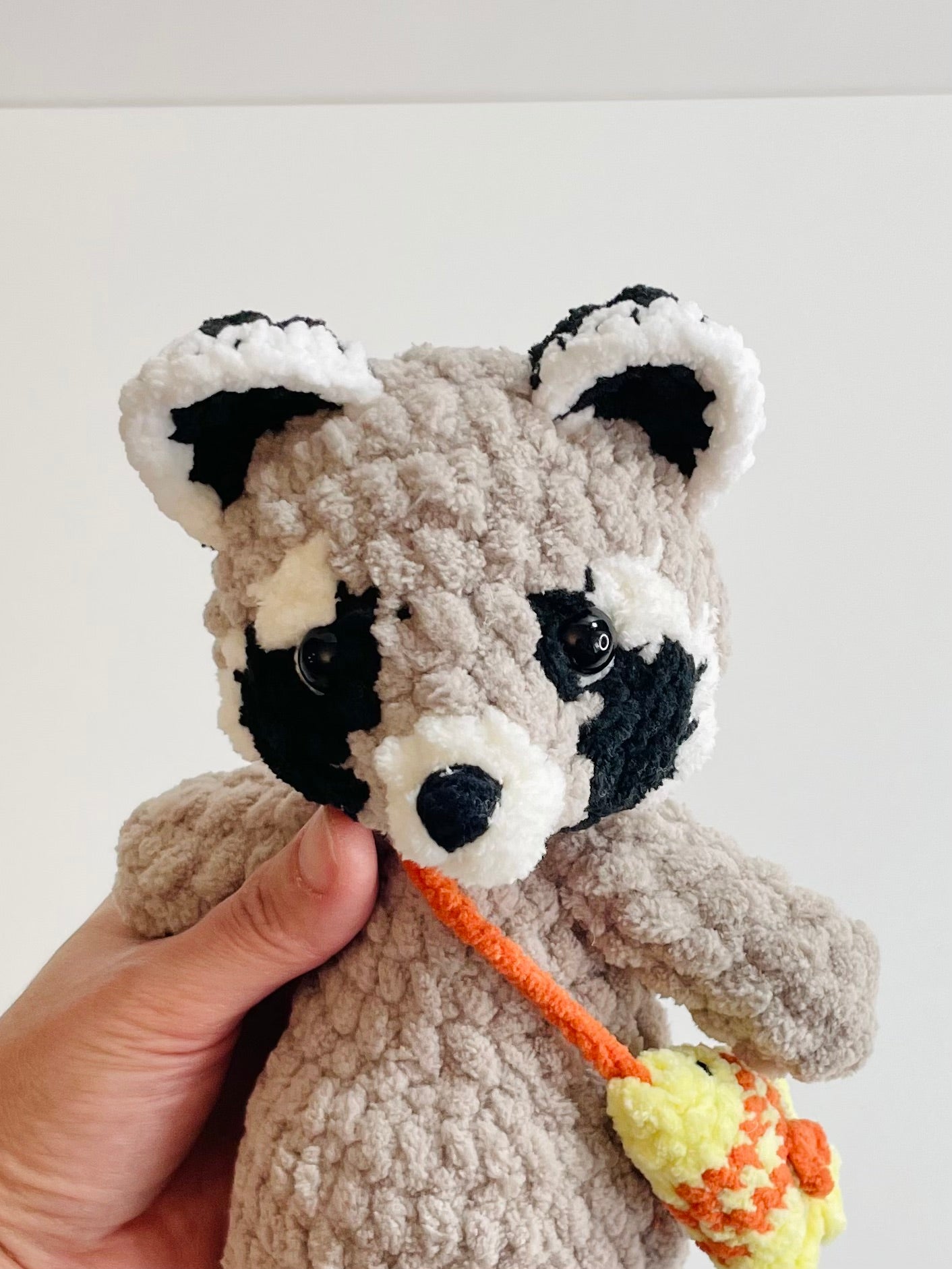 Crochet Snuggly Raccoon Plush with Fish Bag| Handmade Raccoon Amigurumi | Woodland Animal Plushie | Nursery Decor | Unique Gift for Animal Lovers