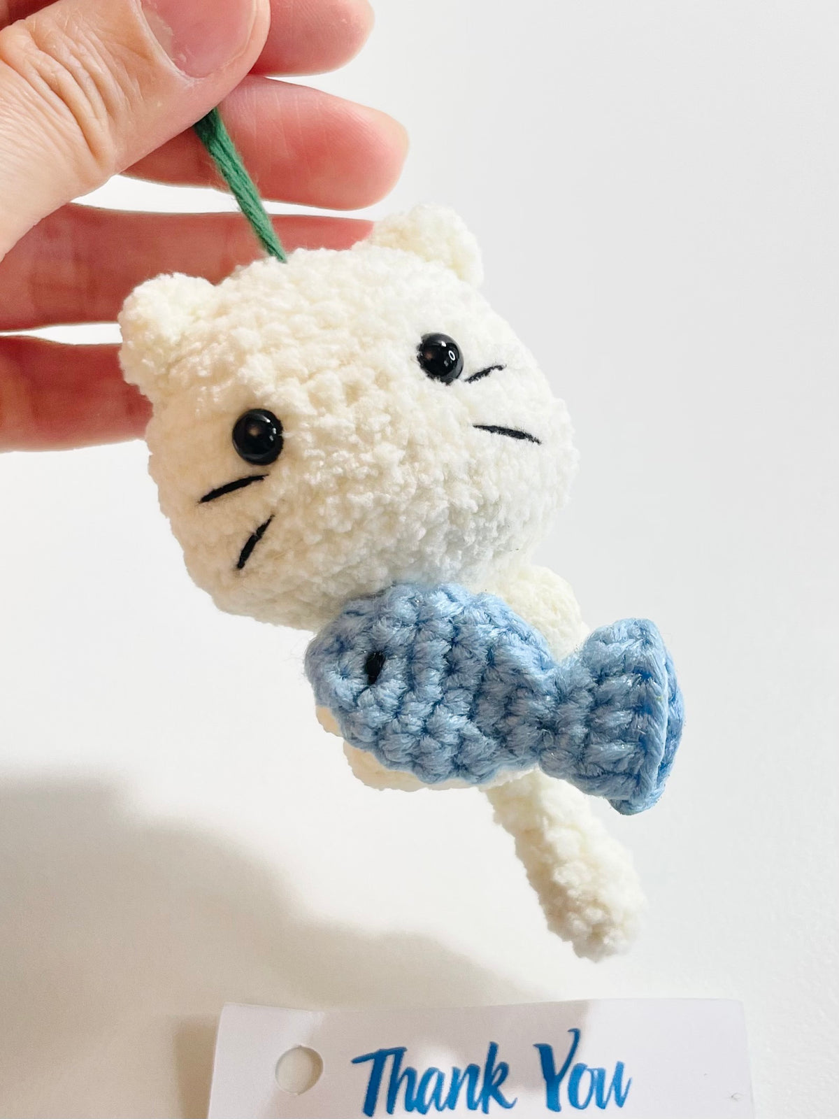 Handmade Crochet Cat Ornament with Fish, Christmas Tree Decoration, Kitten Lover Gift, Stocking Stuffer